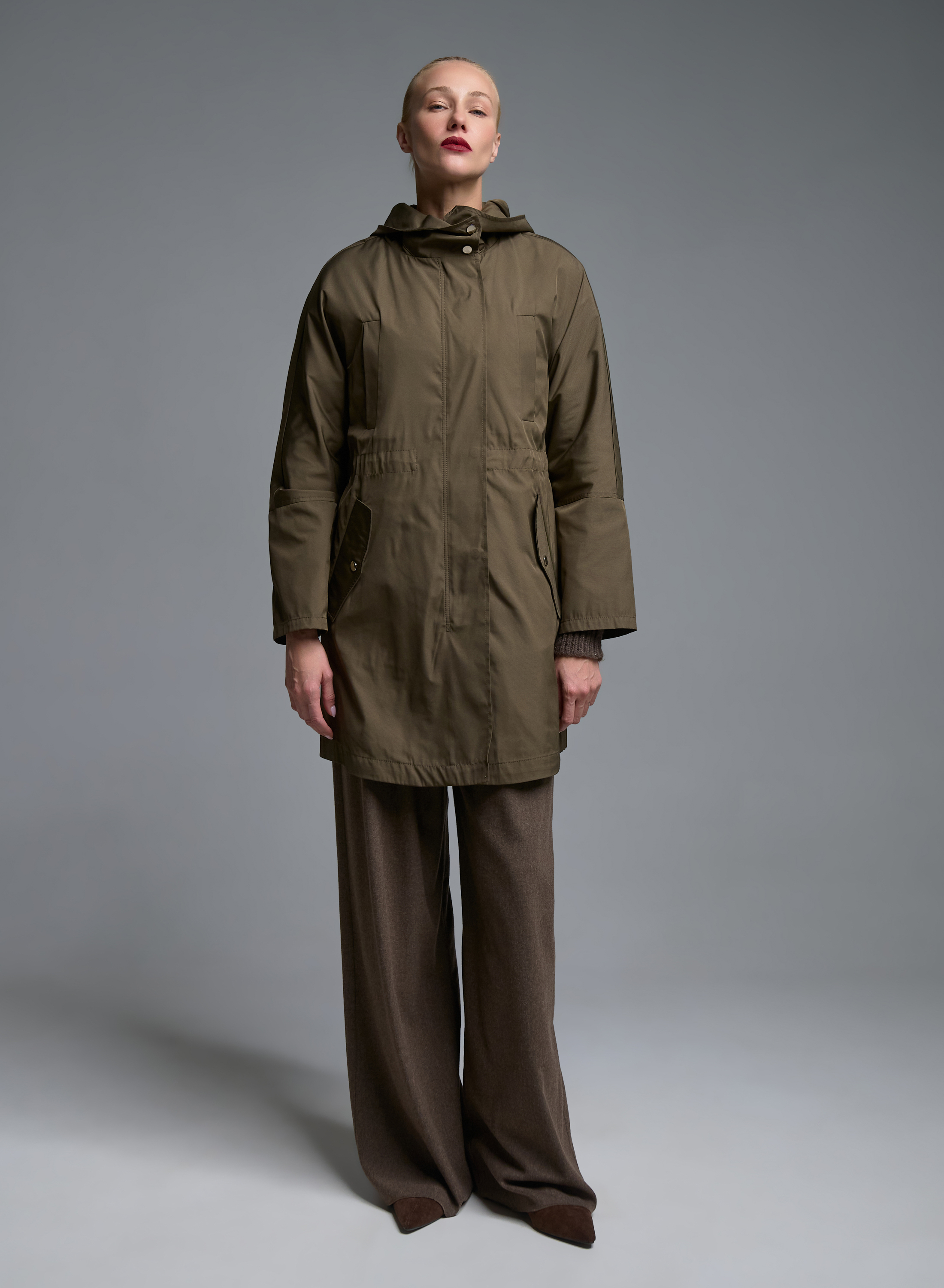 Taupe water proof hooded Parka with internal waist drawstring Emme Marella - 0