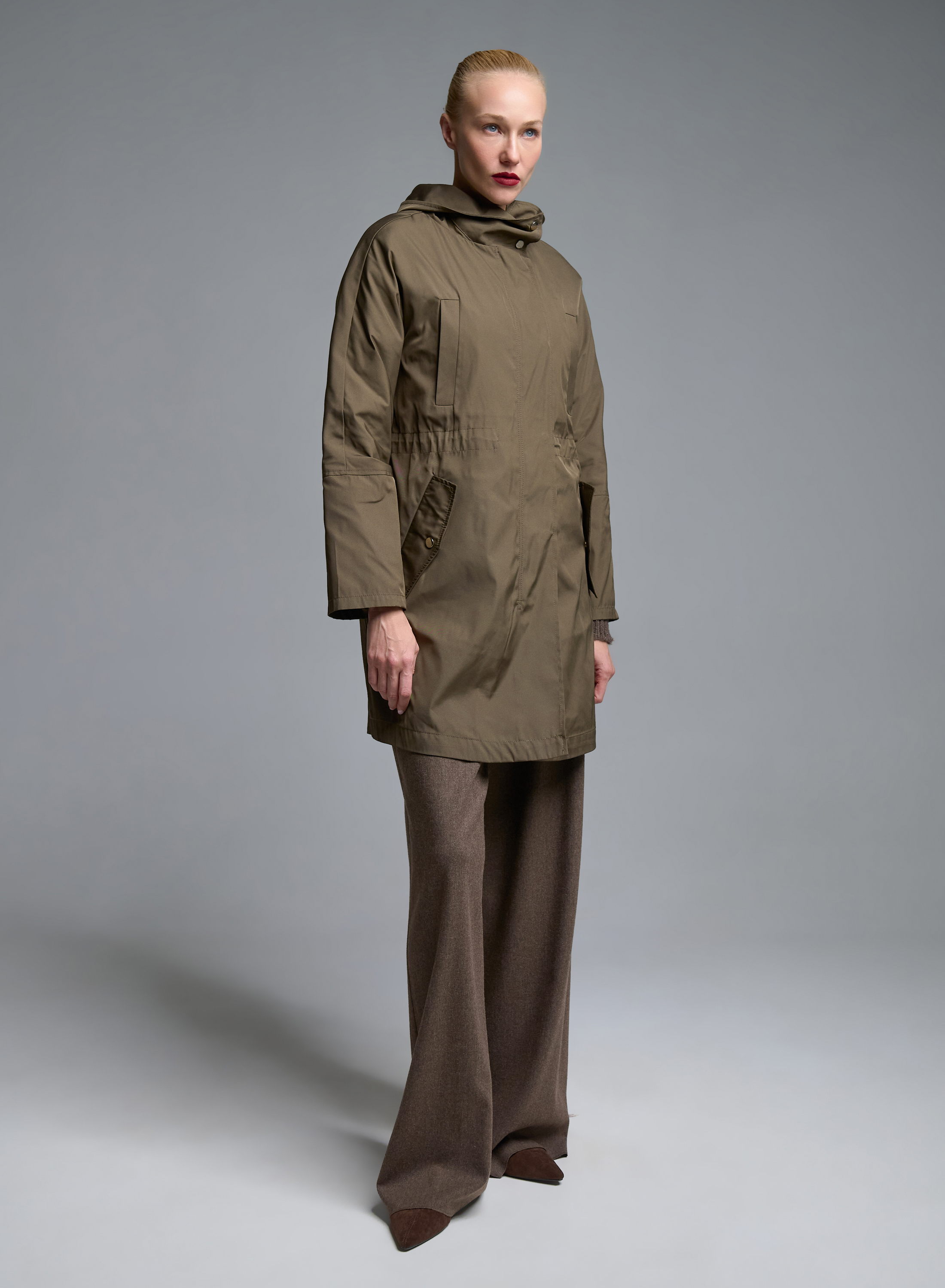 Taupe water proof hooded Parka with internal waist drawstring Emme Marella - 4
