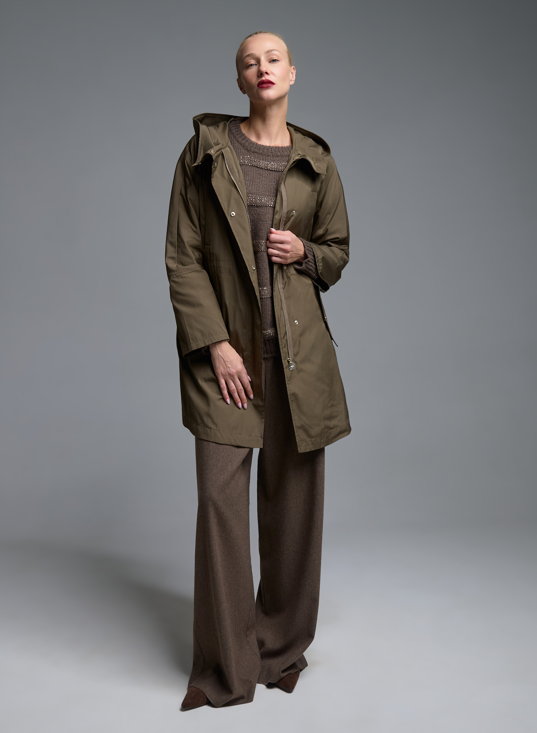 Taupe water proof hooded Parka with internal waist drawstring Emme Marella - 1