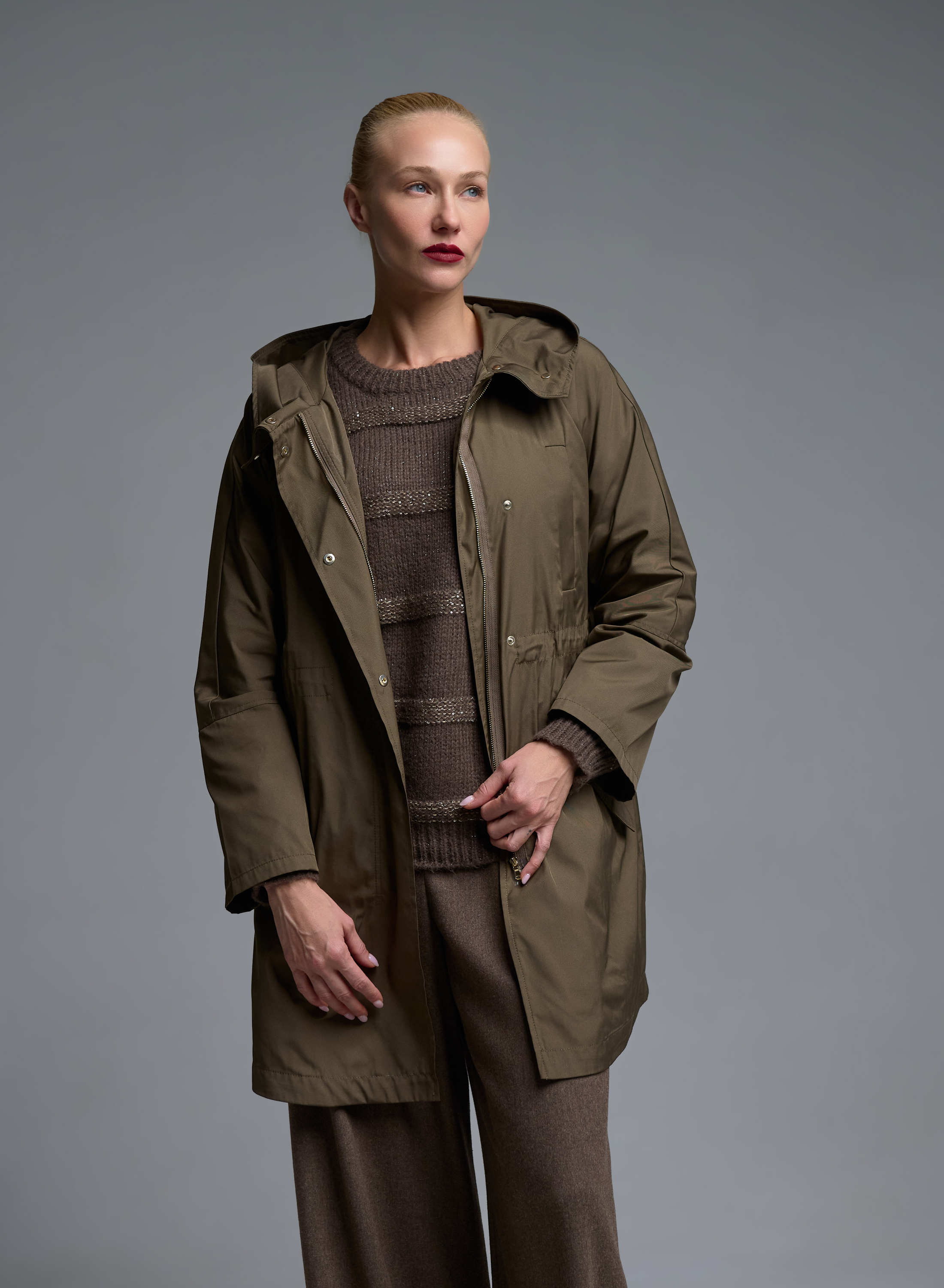 Taupe water proof hooded Parka with internal waist drawstring Emme Marella - 3