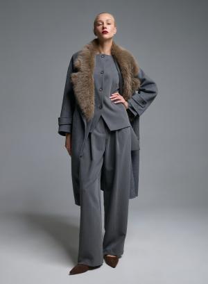 Grey double breasted Coat with detachable eco fur lapel Vicolo - 68119