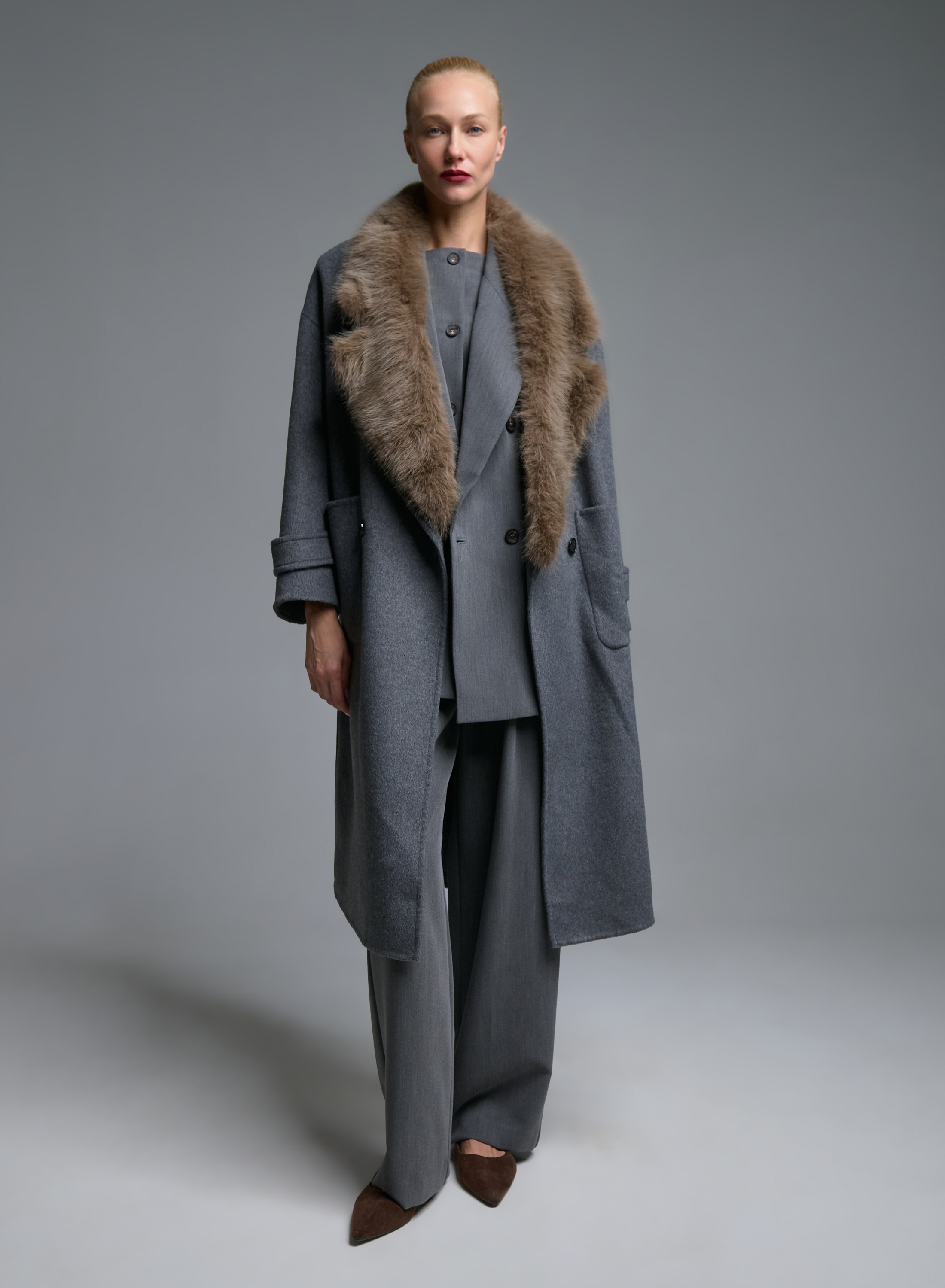 Grey double breasted Coat with detachable eco fur lapel Vicolo - 3