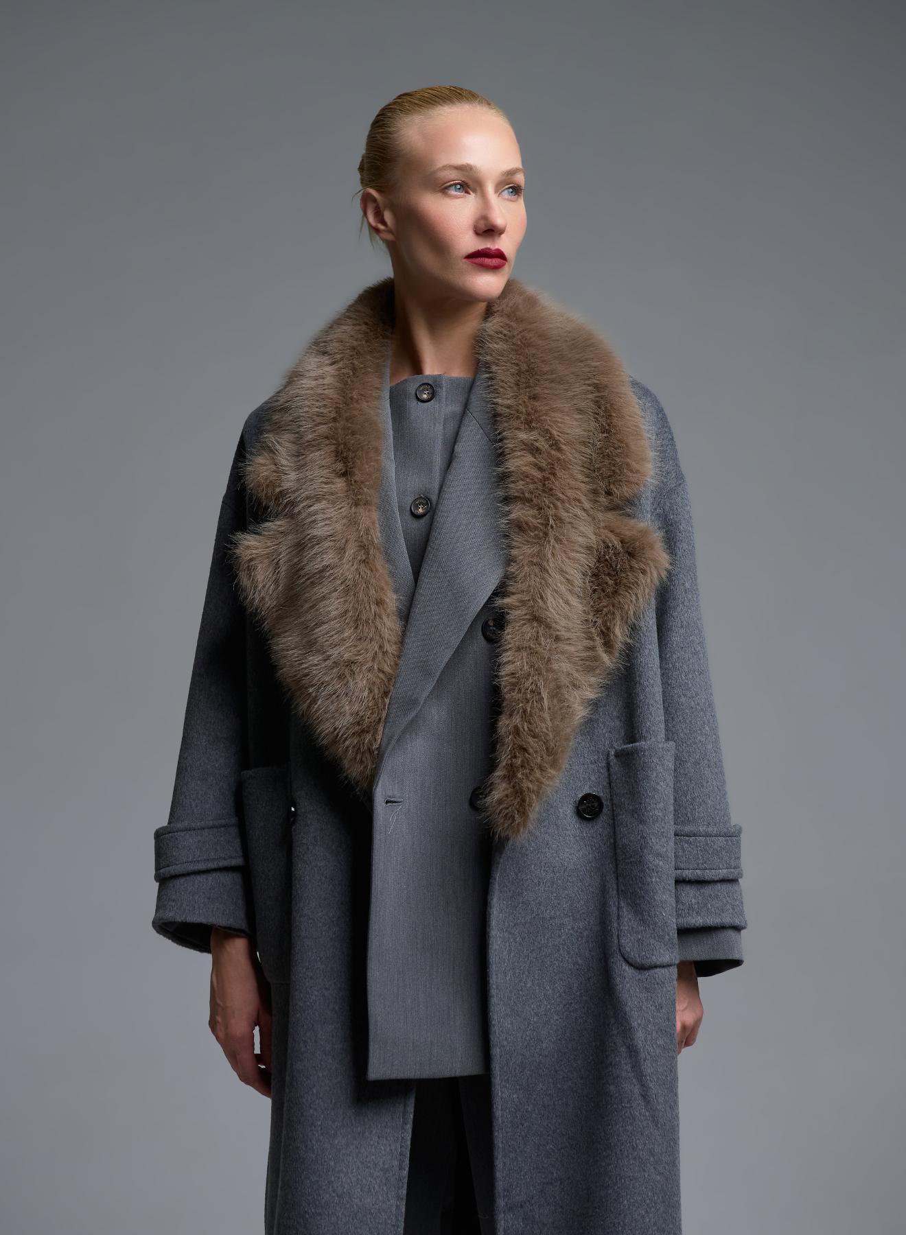 Grey double breasted Coat with detachable eco fur lapel Vicolo - 5
