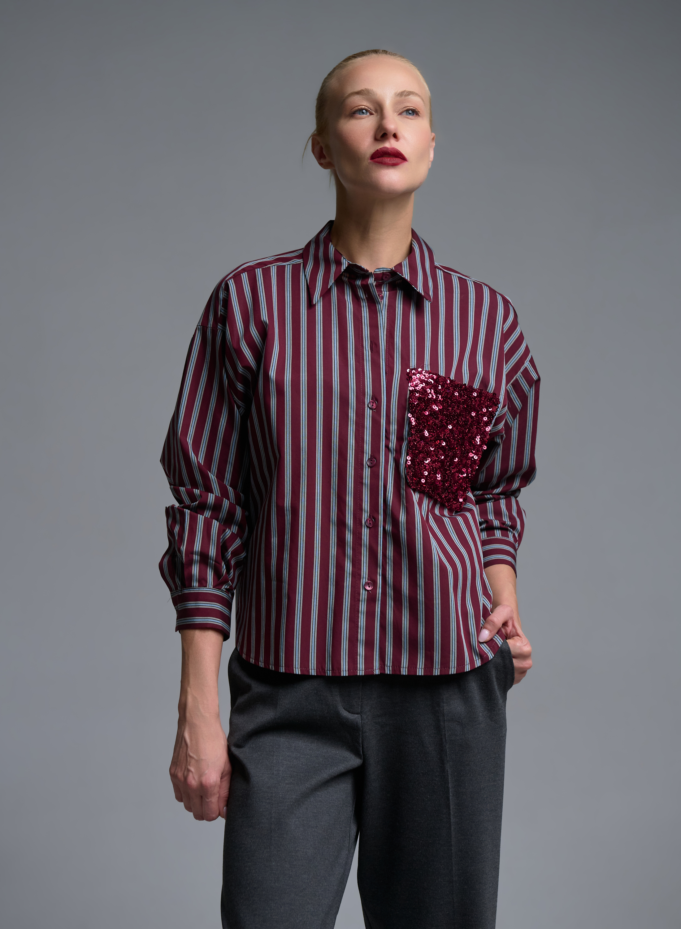 Grey-Bordeaux striped Shirt with sequins Tensione In - 0