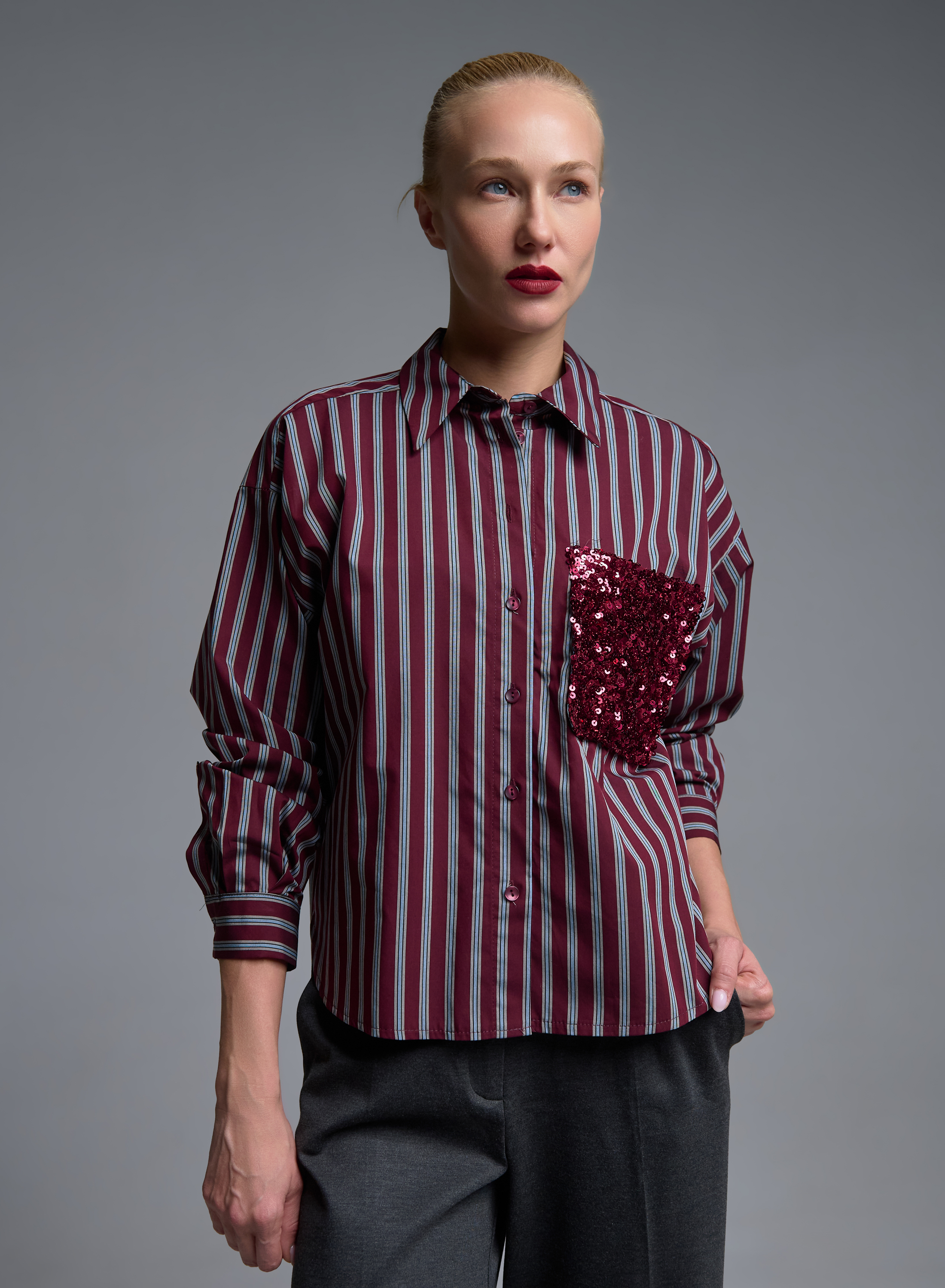 Grey-Bordeaux striped Shirt with sequins Tensione In - 2