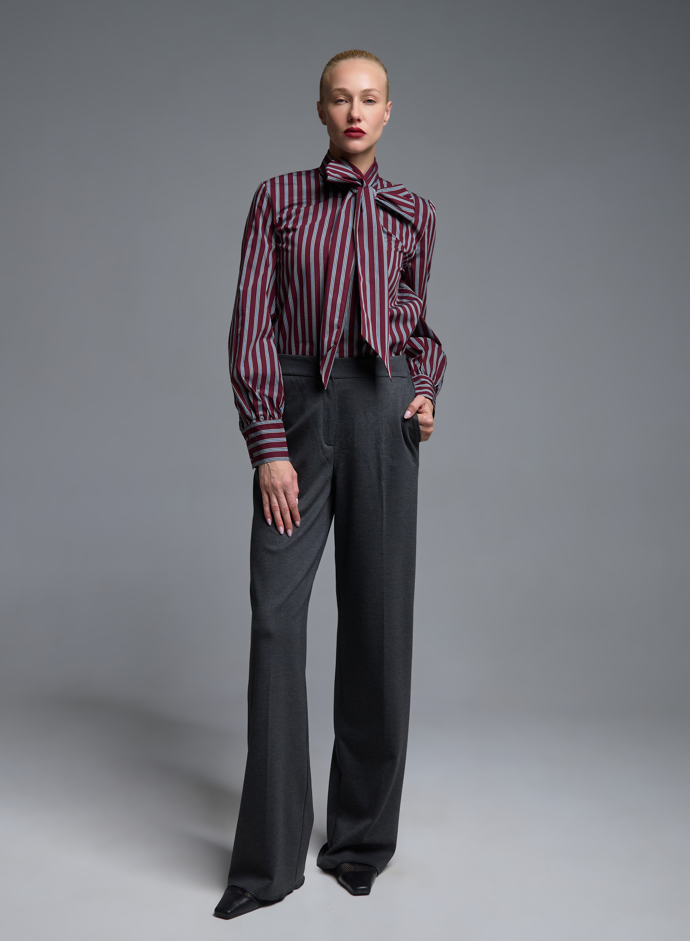 Grey-Bordeaux striped Shirt with a tie collar Tensione In - 0