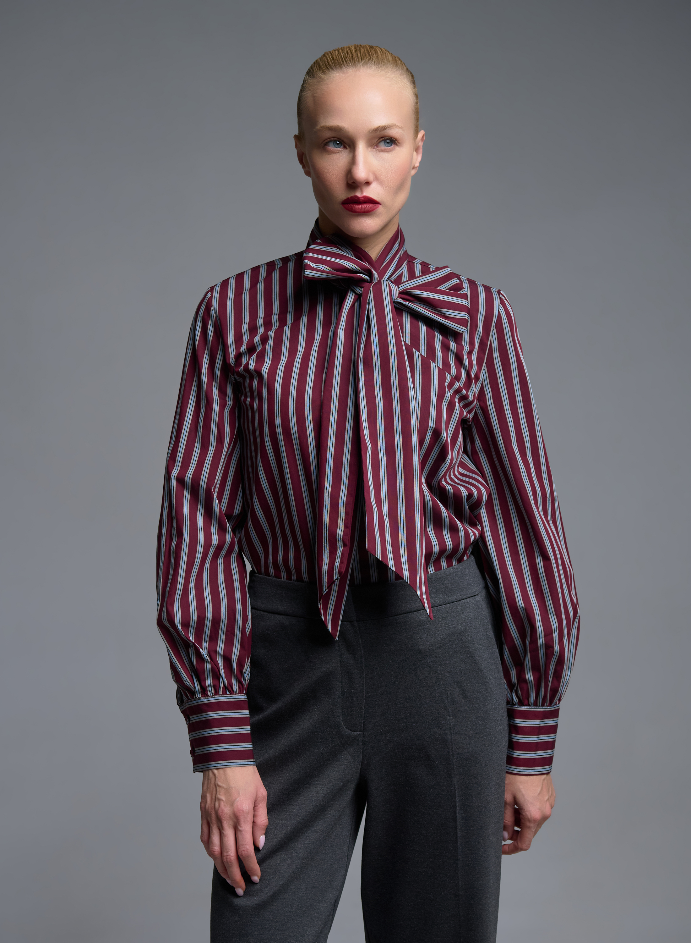 Grey-Bordeaux striped Shirt with a tie collar Tensione In - 1