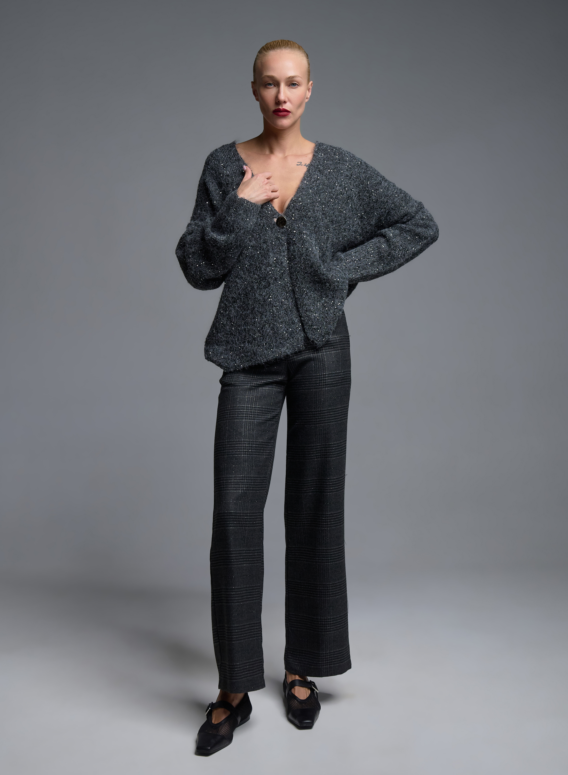 Grey knitted Cardigan with sequins and with silver buuton Beauty Women - 1