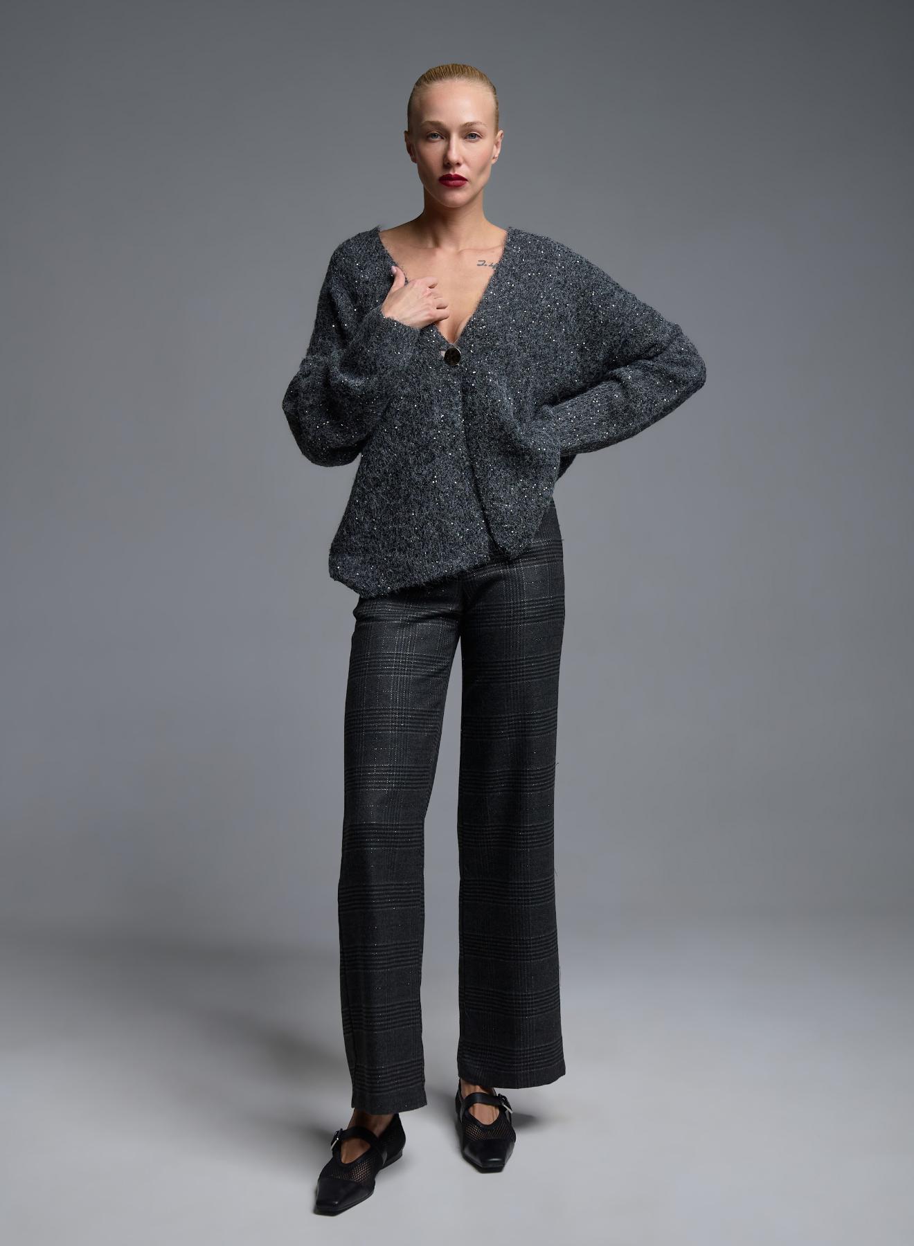 Grey knitted Cardigan with sequins and with silver buuton Beauty Women - 2