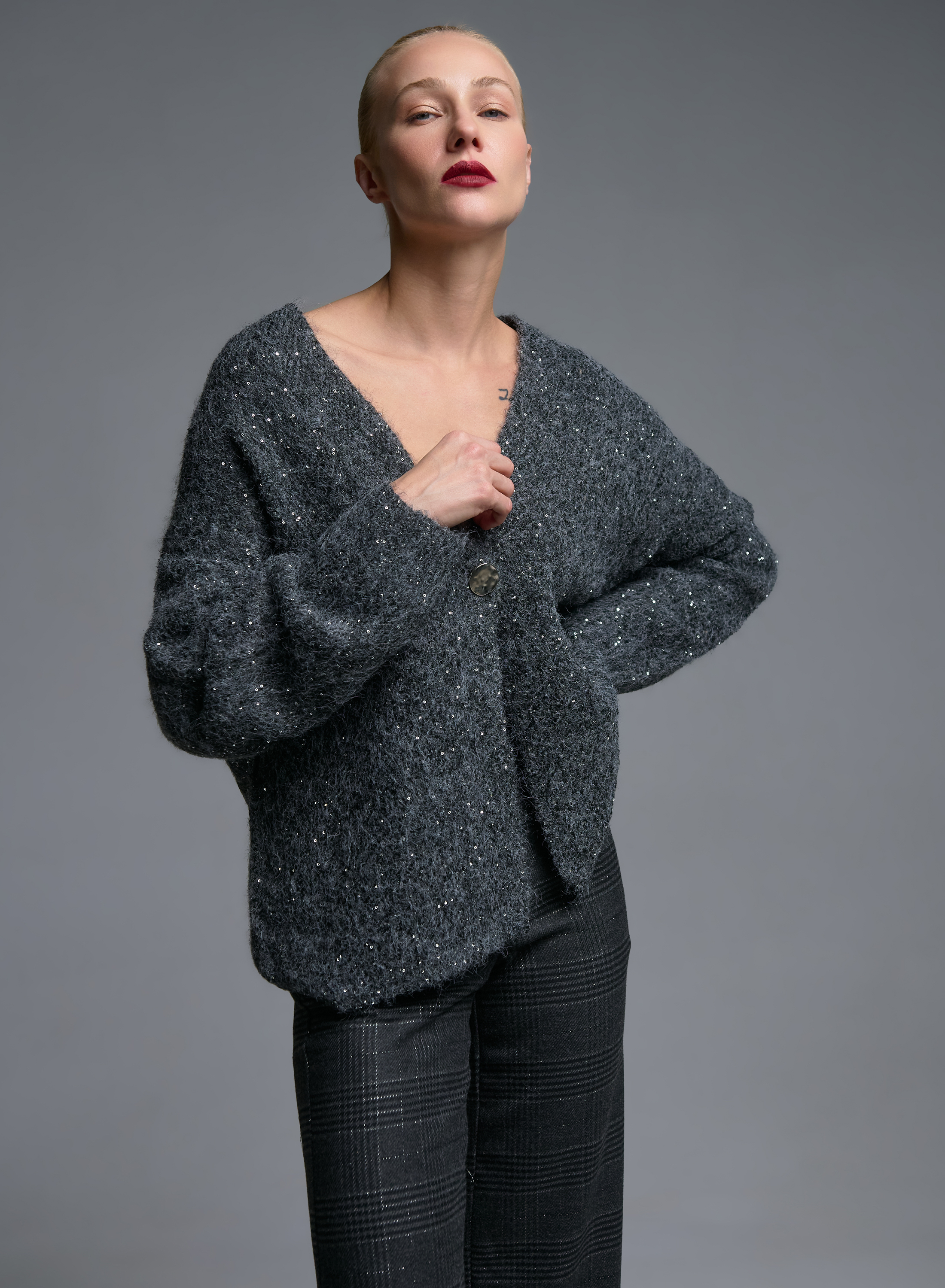 Grey knitted Cardigan with sequins and with silver buuton Beauty Women - 0