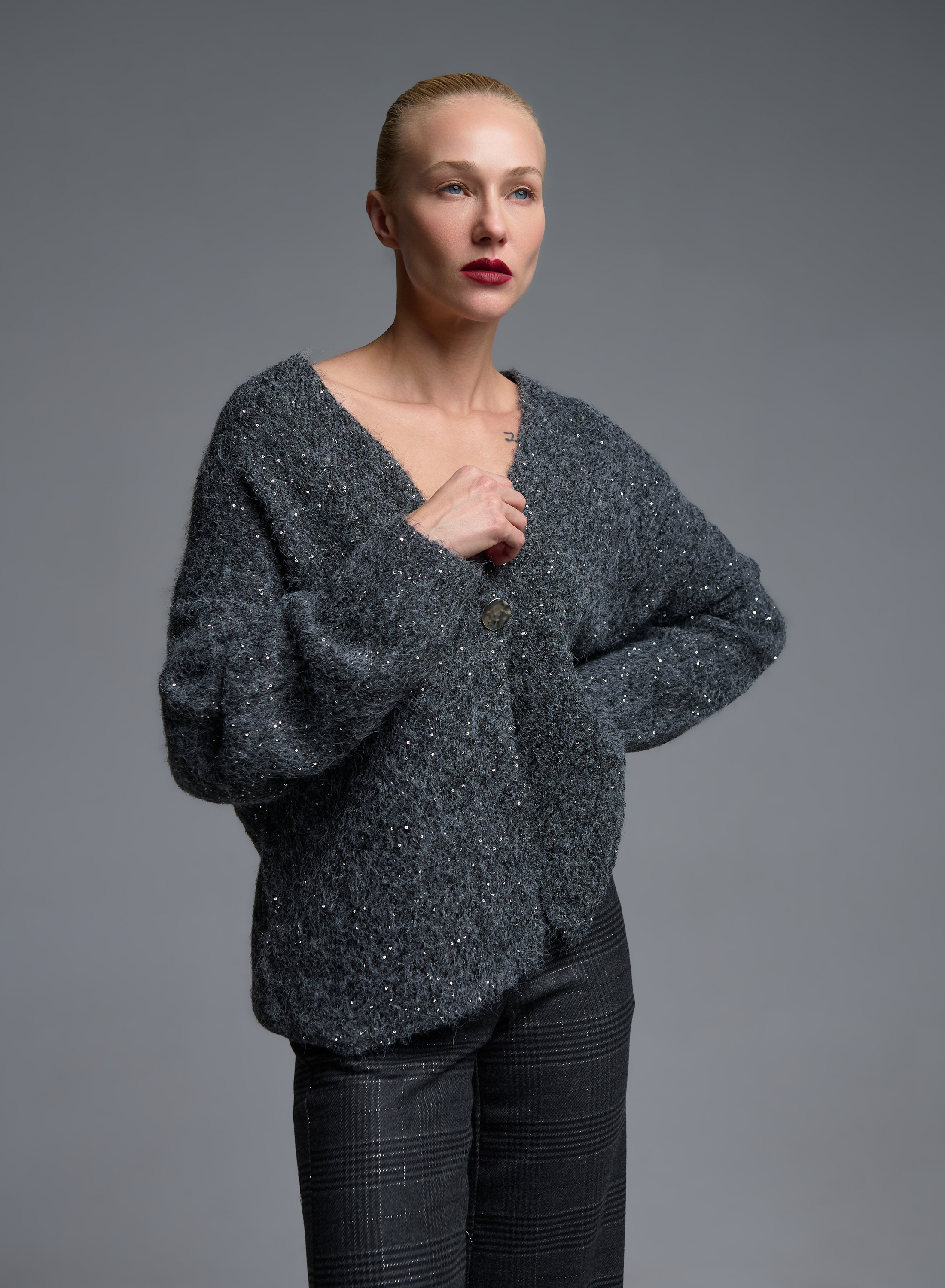 Grey knitted Cardigan with sequins and with silver buuton Beauty Women - 2