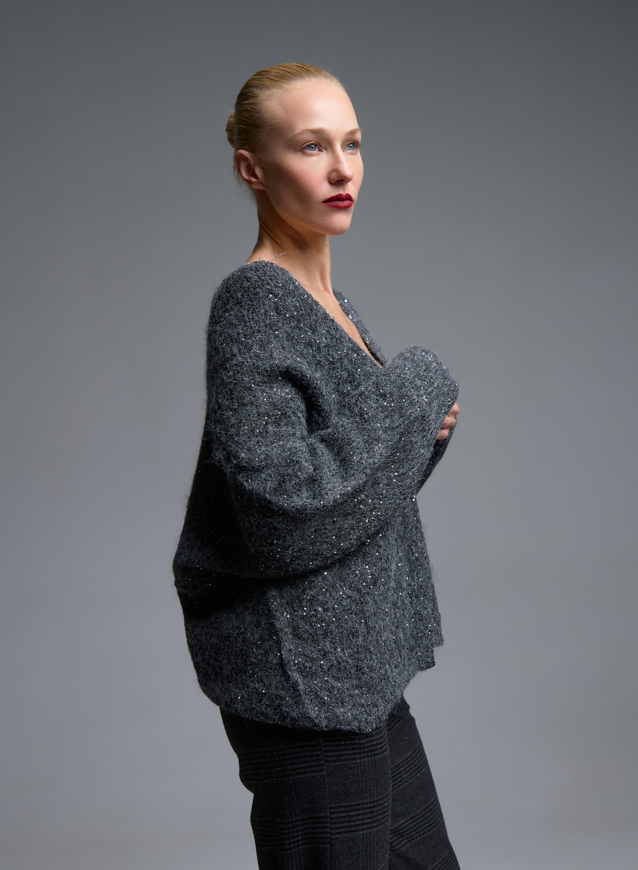 Grey knitted Cardigan with sequins and with silver buuton Beauty Women - 4
