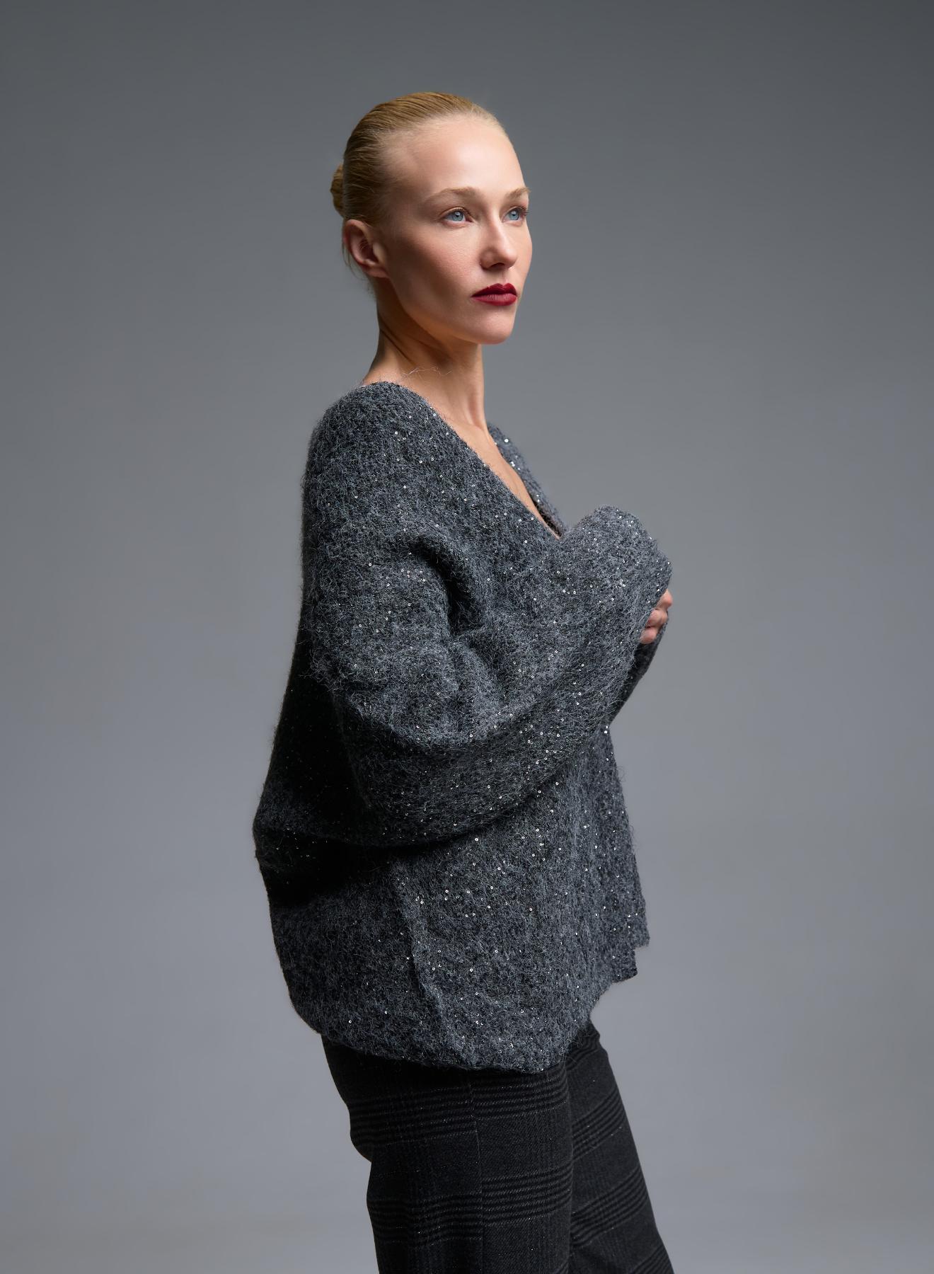 Grey knitted Cardigan with sequins and with silver buuton Beauty Women - 5