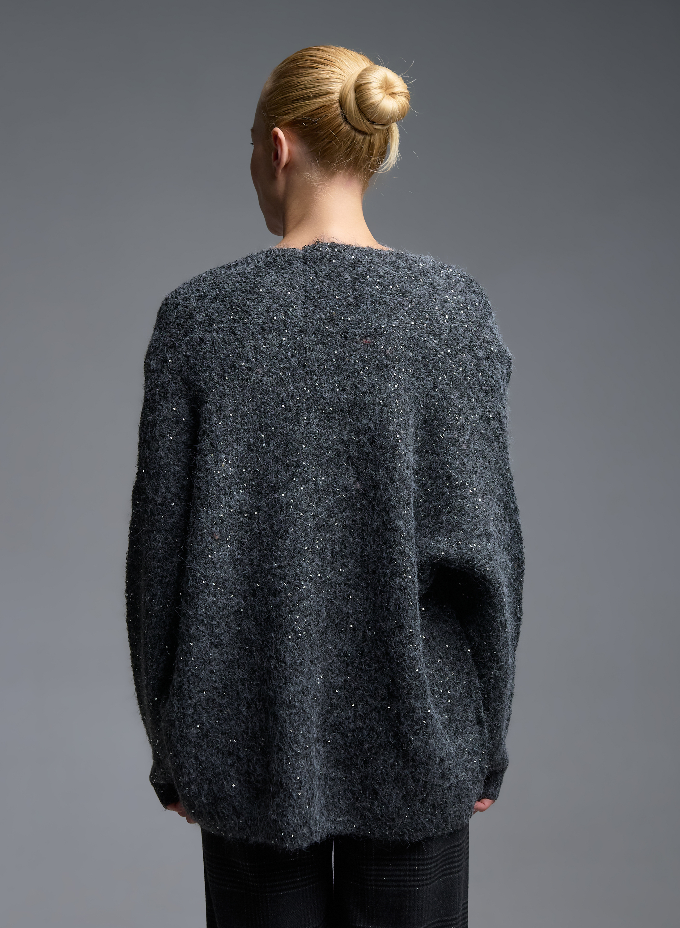 Grey knitted Cardigan with sequins and with silver buuton Beauty Women - 6