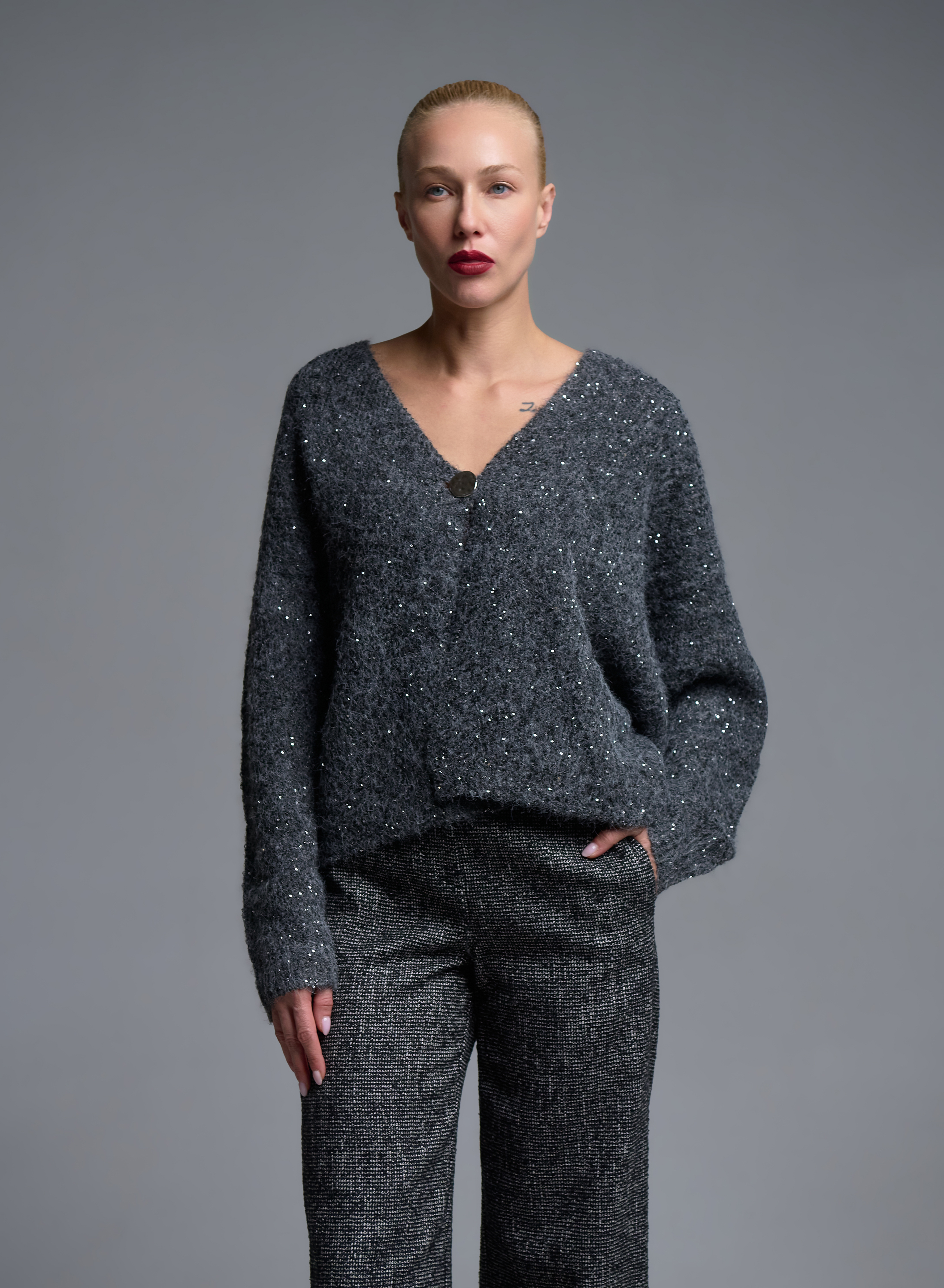 Grey knitted Cardigan with sequins and with silver buuton Beauty Women - 5