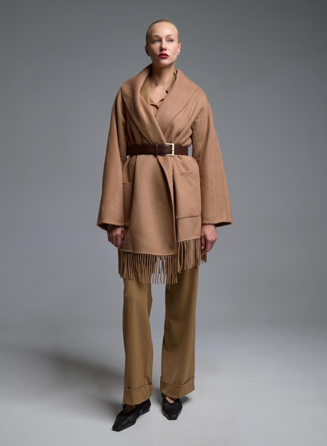 Camel Fringed Coat with belt Vicolo - 5