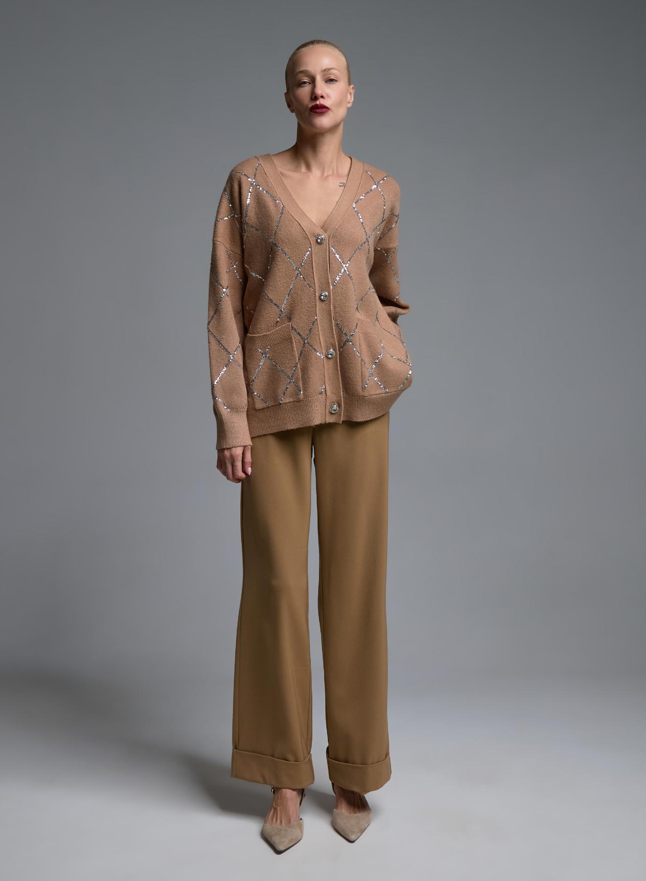 Camel knitted Cardigan with sequins, with V neckline and with patch pockets Valentina Milano - 2