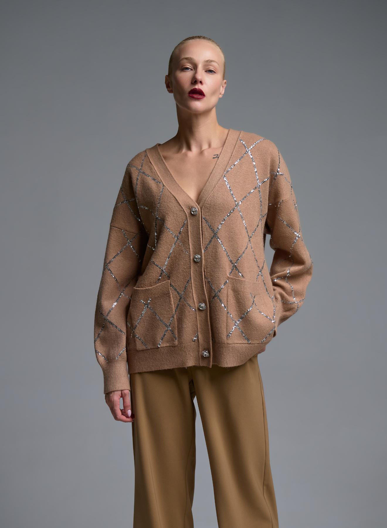 Camel knitted Cardigan with sequins, with V neckline and with patch pockets Valentina Milano - 1
