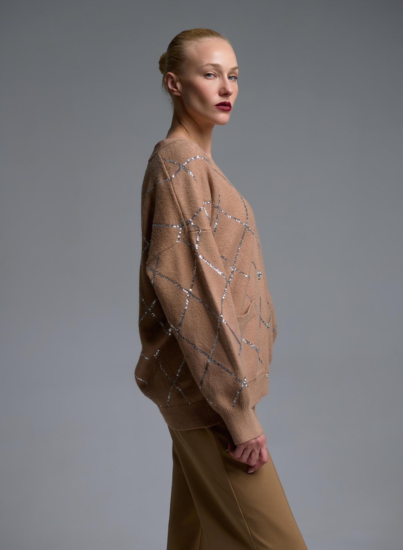 Camel knitted Cardigan with sequins, with V neckline and with patch pockets Valentina Milano - 4