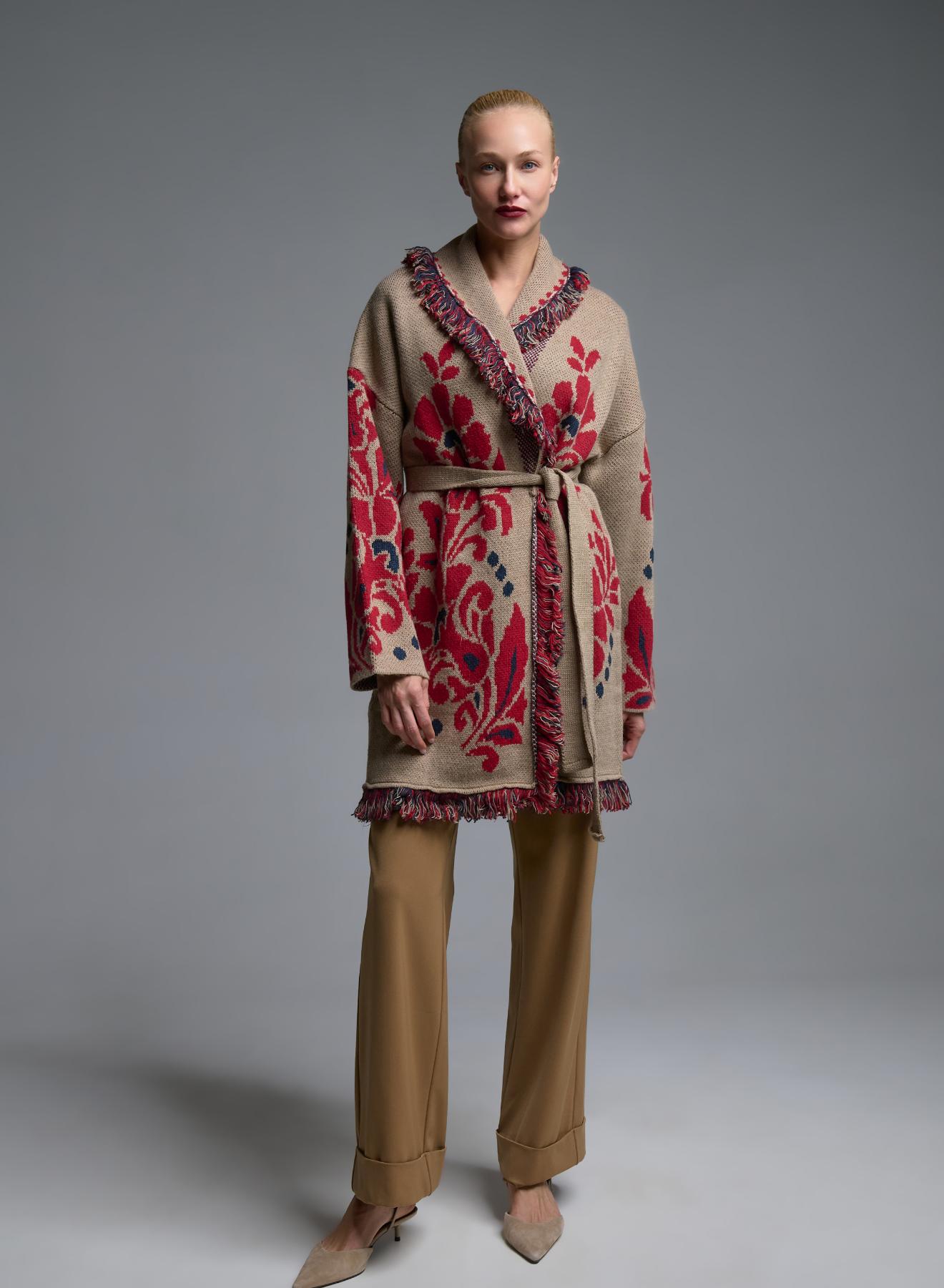 Camel-Black-Red knitted Cardigan with fringes, pockets and with belt Motel - 1