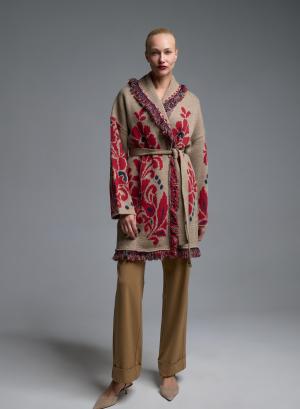 Camel-Black-Red knitted Cardigan with fringes, pockets and with belt Motel - 68570