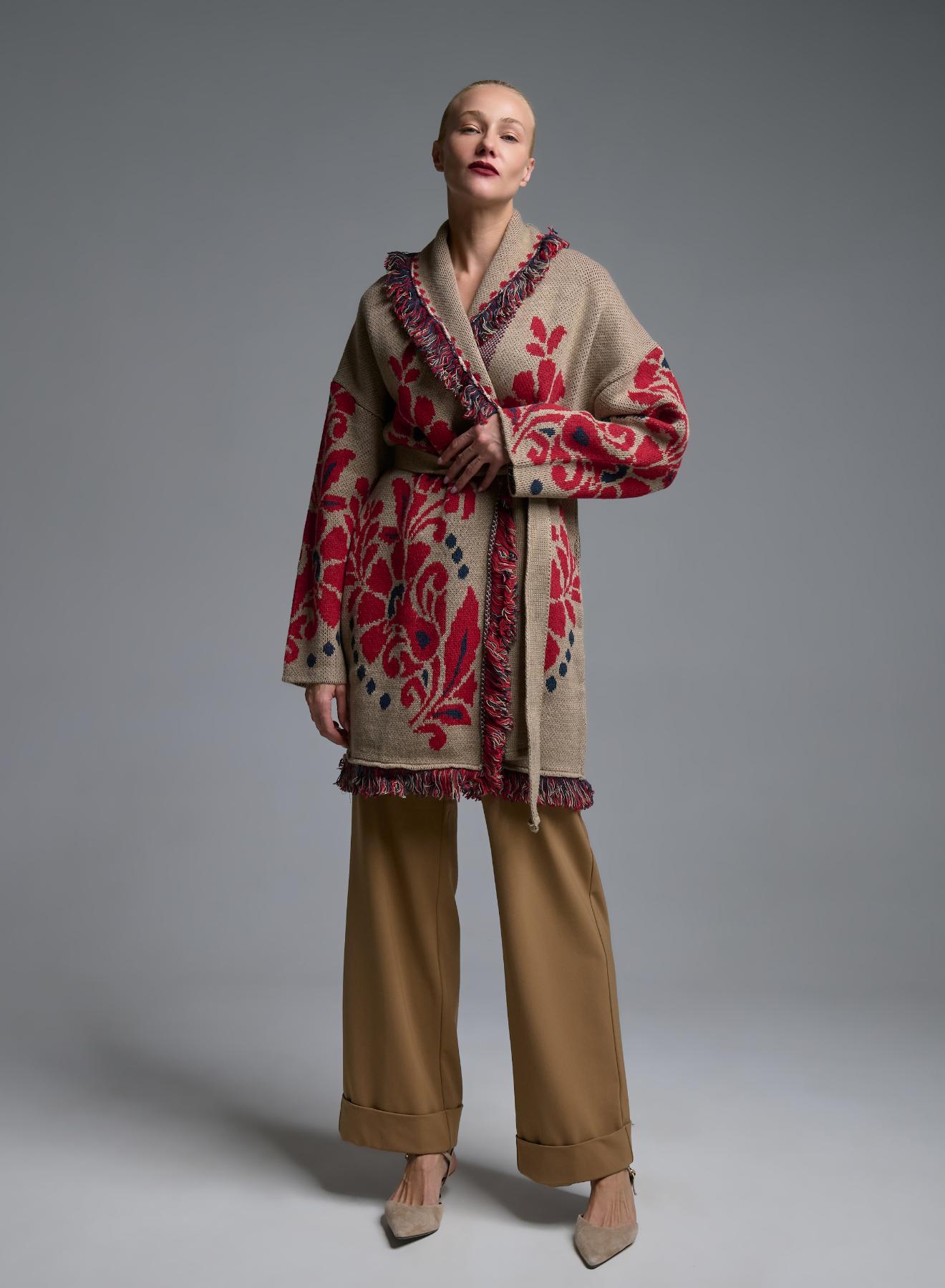 Camel-Black-Red knitted Cardigan with fringes, pockets and with belt Motel - 2