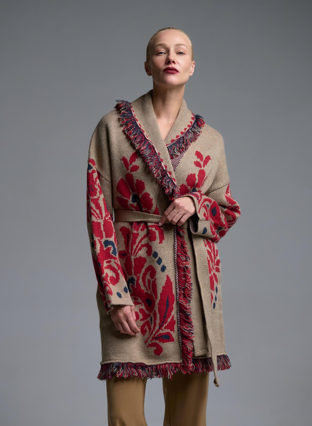 Camel-Black-Red knitted Cardigan with fringes, pockets and with belt Motel - 3