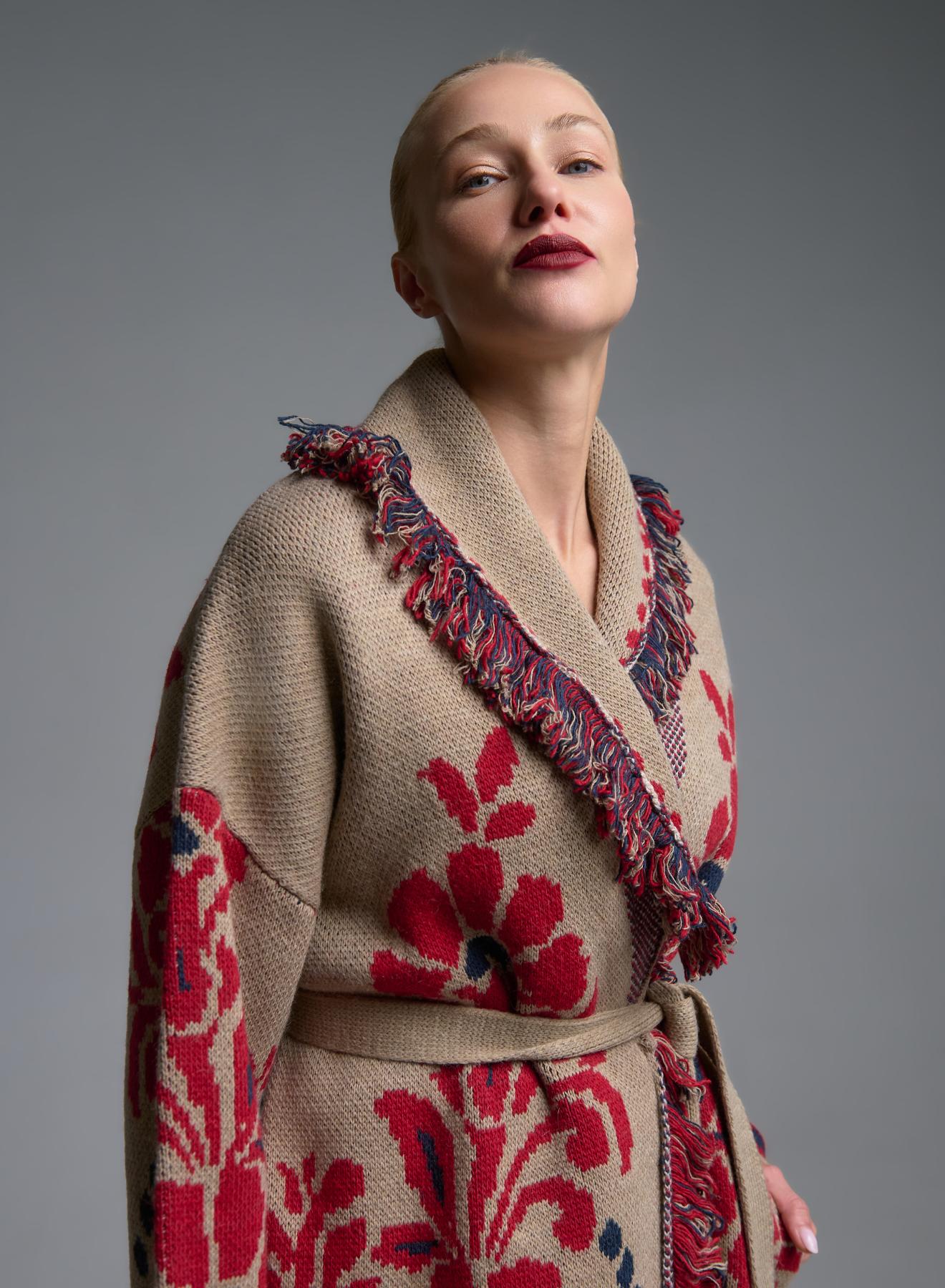 Camel-Black-Red knitted Cardigan with fringes, pockets and with belt Motel - 5