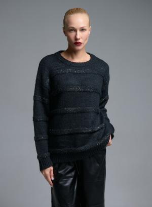 Μαύρη πλεκτή Μπλούζα ριγέ με παγιέτες Beauty Women - 67319