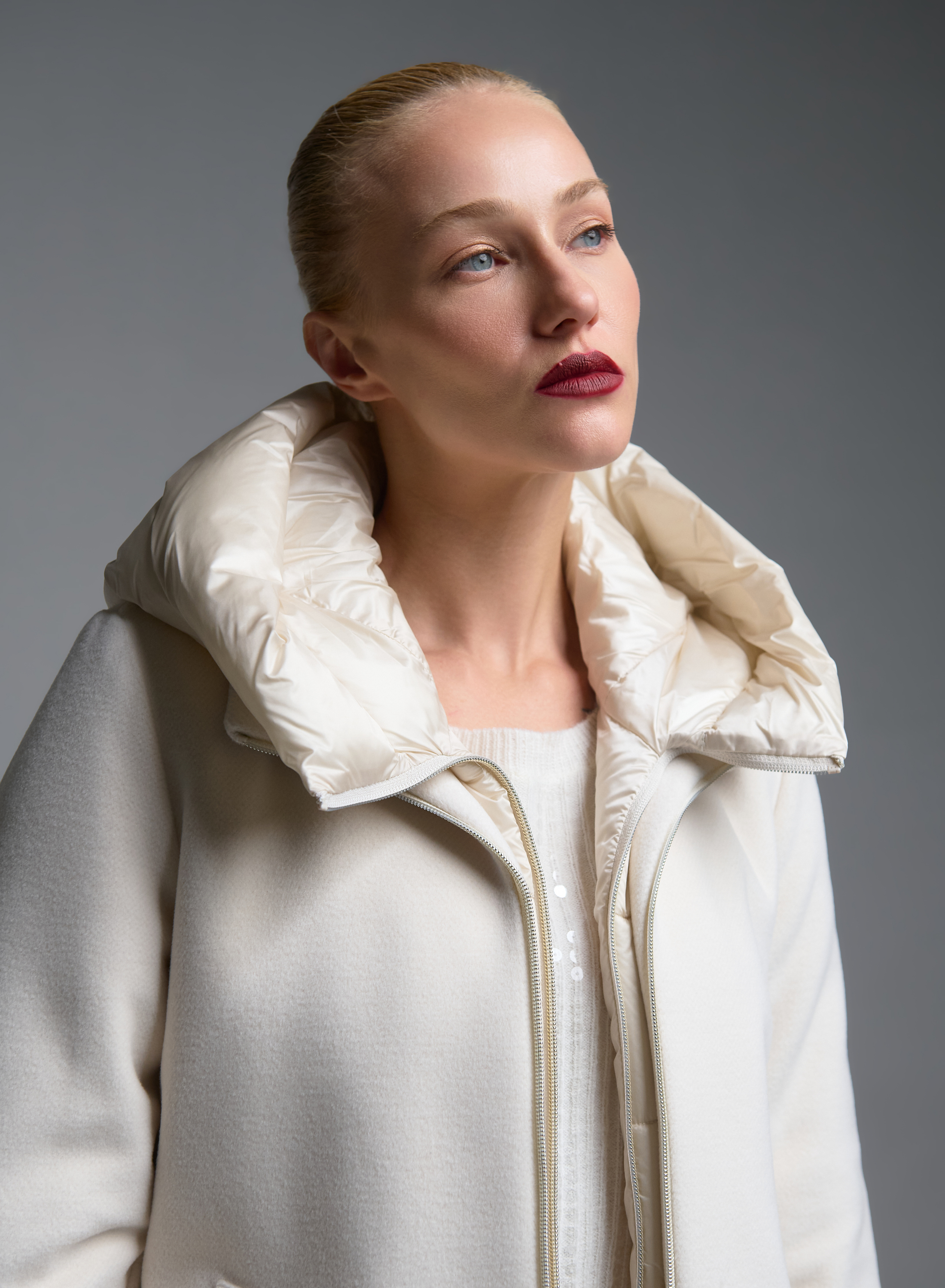 Ecru quilted Jacket with jersey and woven fabric and with detachable hood Emme Marella - 1