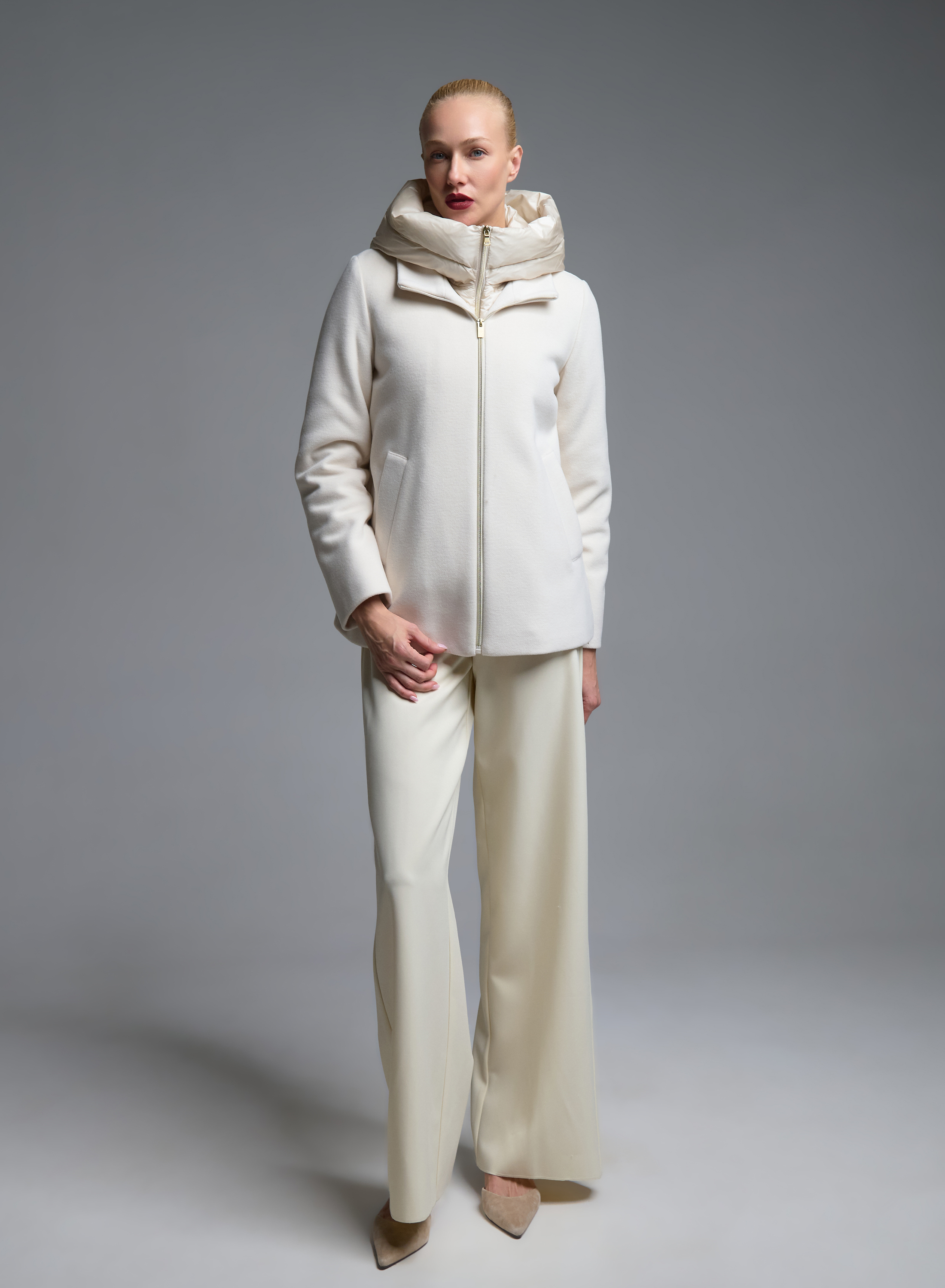 Ecru quilted Jacket with jersey and woven fabric and with detachable hood Emme Marella - 5
