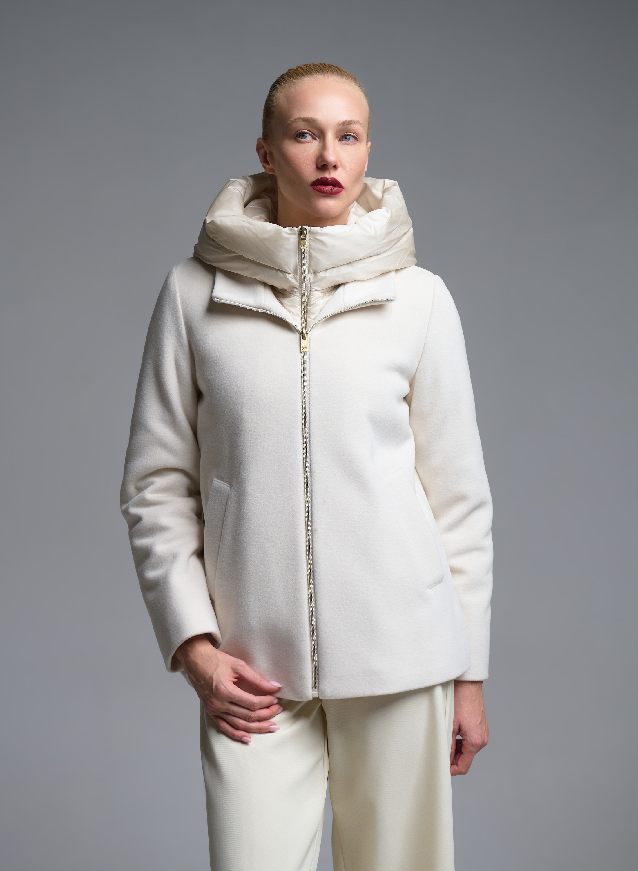 Ecru quilted Jacket with jersey and woven fabric and with detachable hood Emme Marella - 4