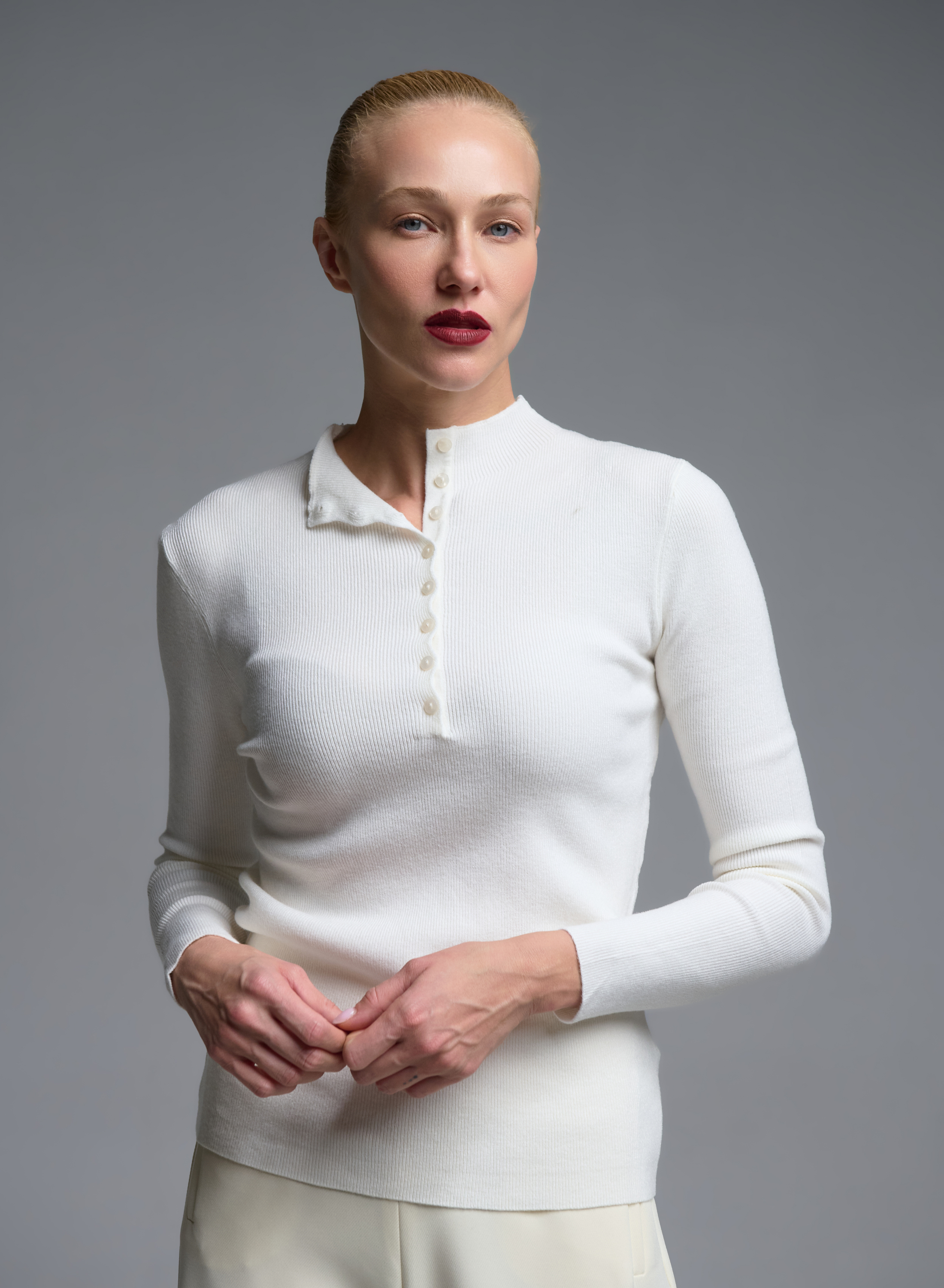 Λευκή πλεκτή Μπλούζα με κουμπιά Beauty Women - 1
