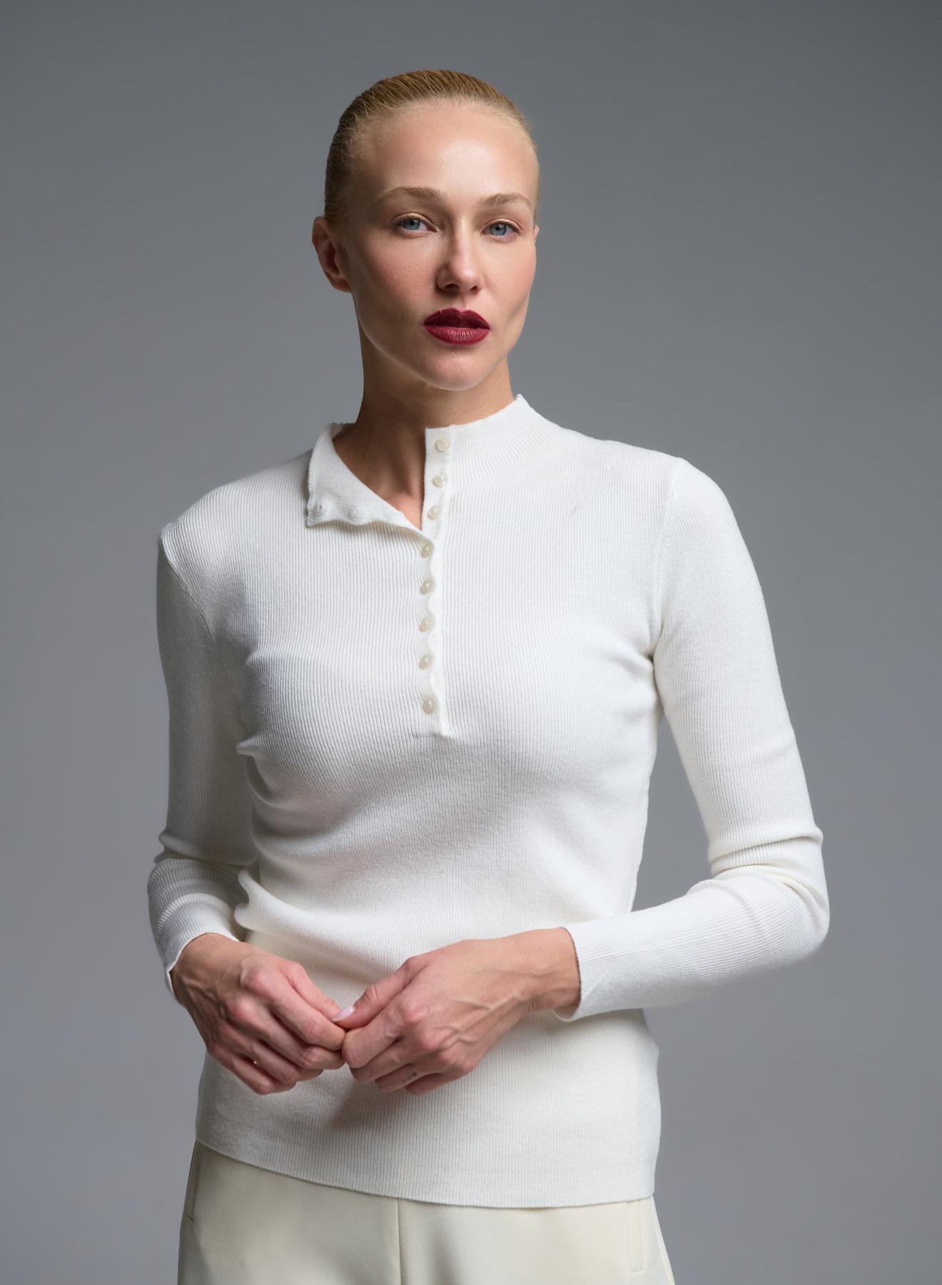 Λευκή πλεκτή Μπλούζα με κουμπιά Beauty Women - 2
