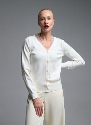 White knitted Cardigan with tulle and rhinestone details Beauty Women - 68889