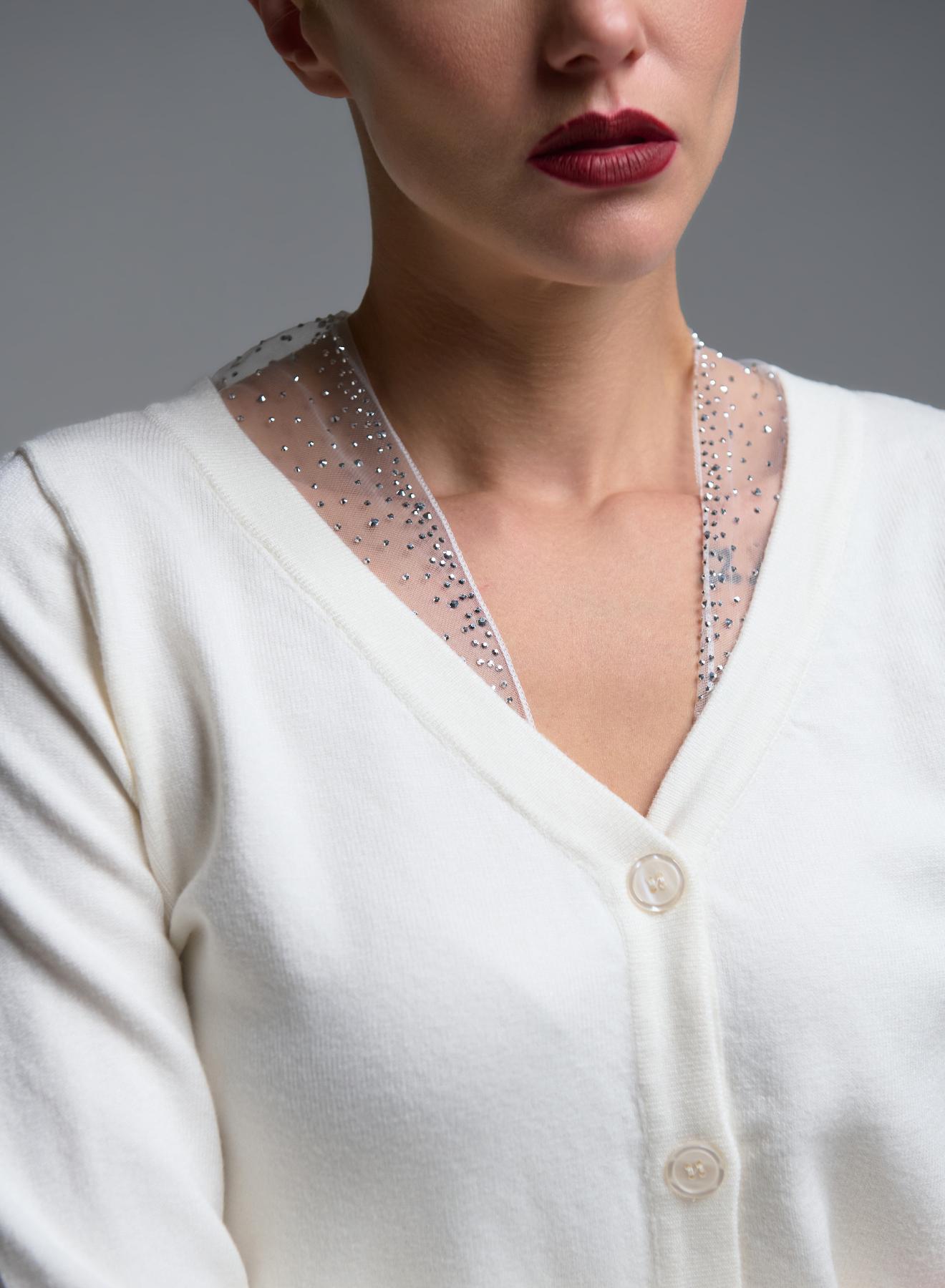 White knitted Cardigan with tulle and rhinestone details Beauty Women - 2