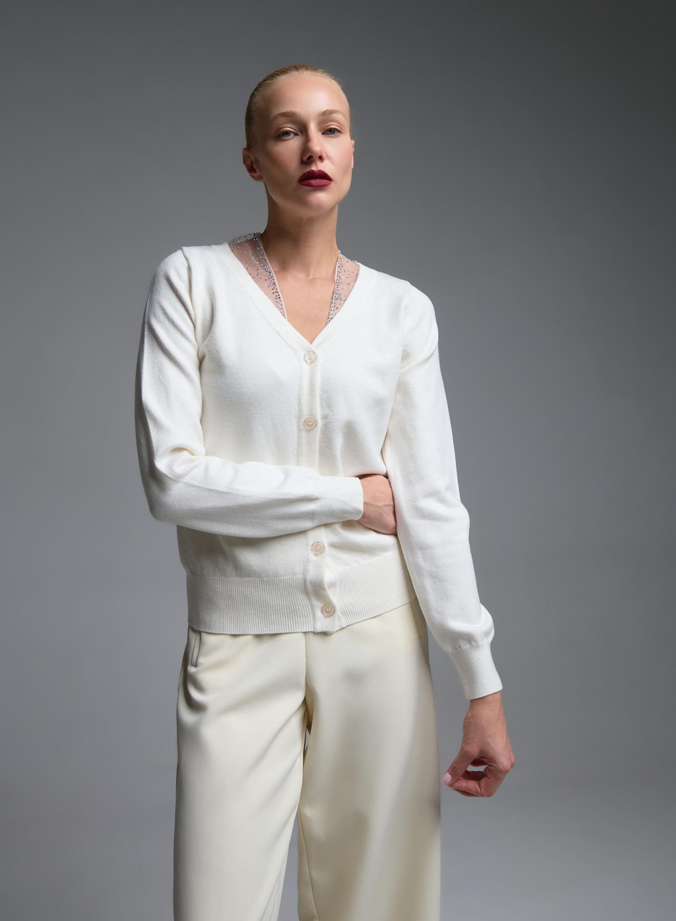 White knitted Cardigan with tulle and rhinestone details Beauty Women - 4