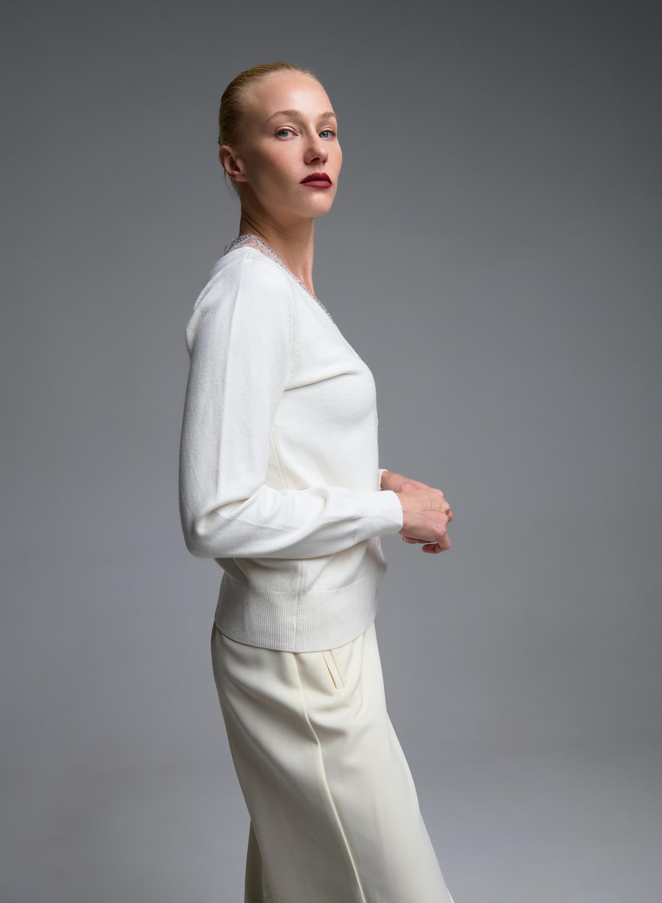 White knitted Cardigan with tulle and rhinestone details Beauty Women - 5