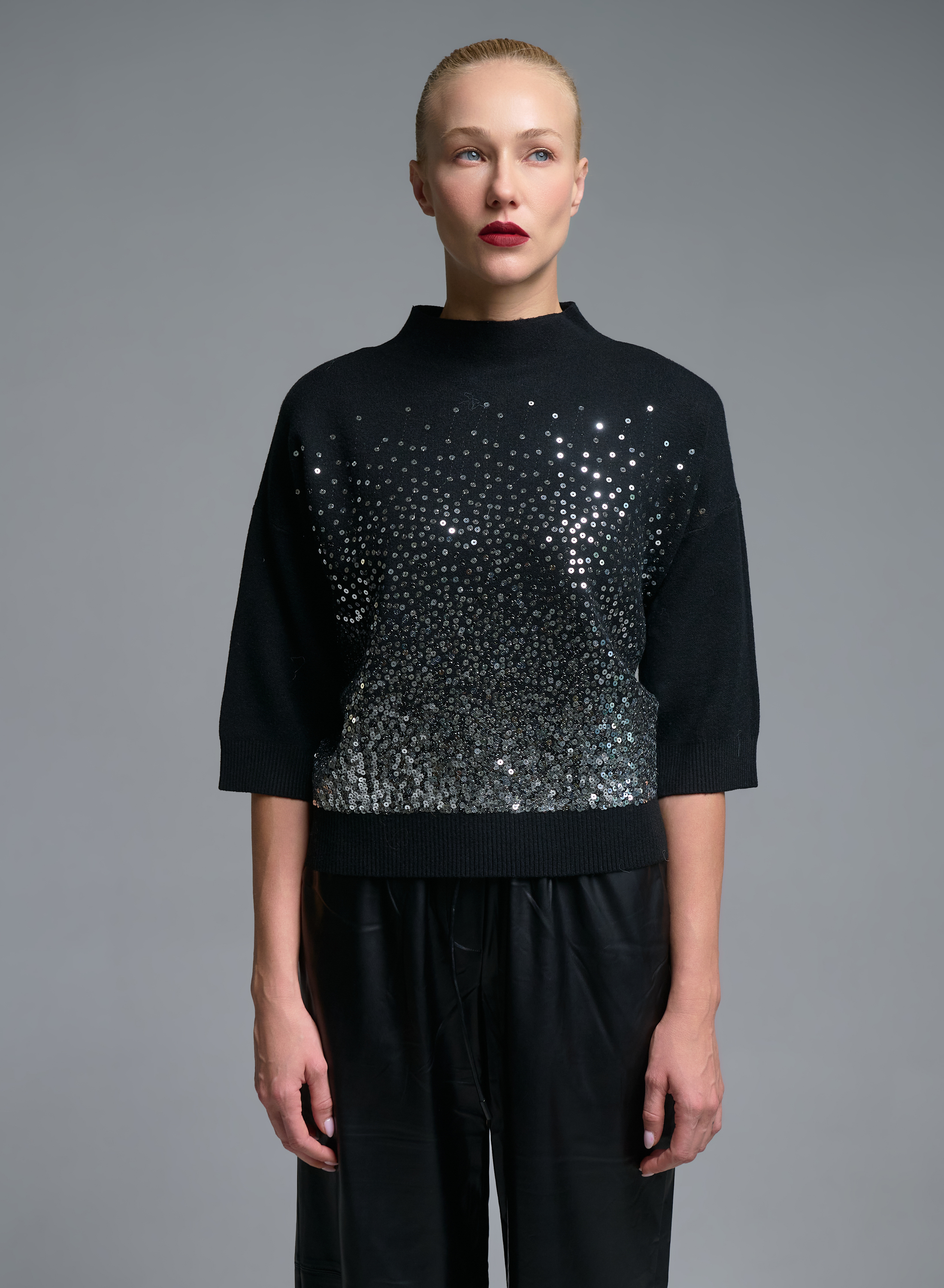 Black knitted Blouse with three quarters sleeves and with sequins Valentina Milano - 0