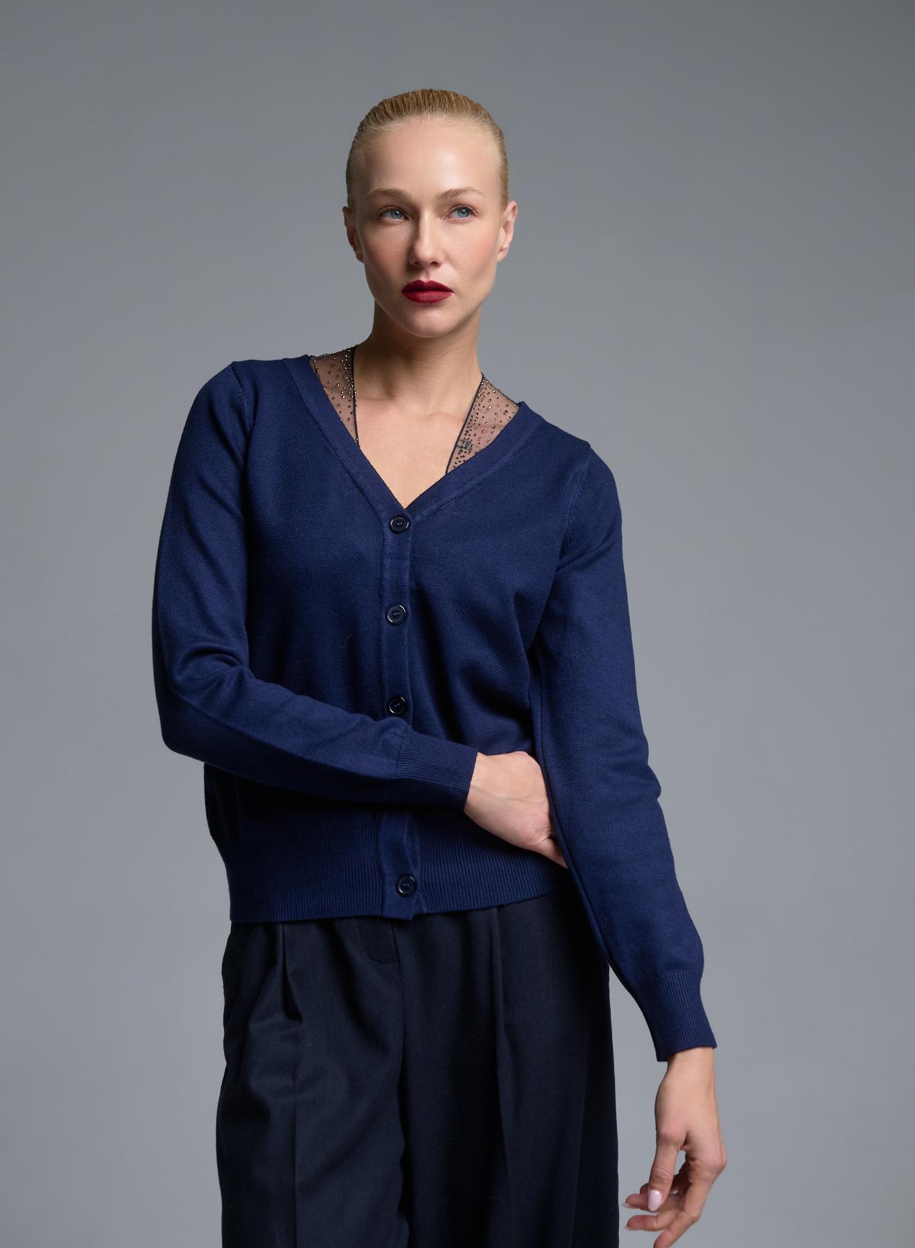 Blue knitted Cardigan with tulle and rhinestone details Beauty Women - 2