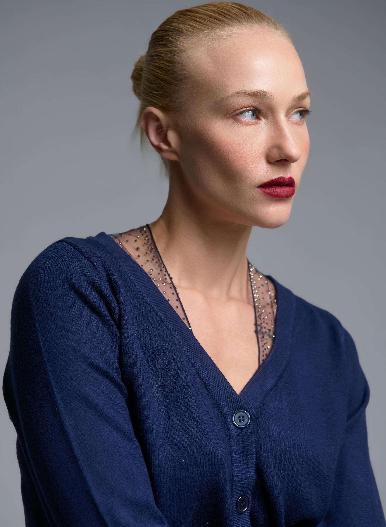 Blue knitted Cardigan with tulle and rhinestone details Beauty Women - 3