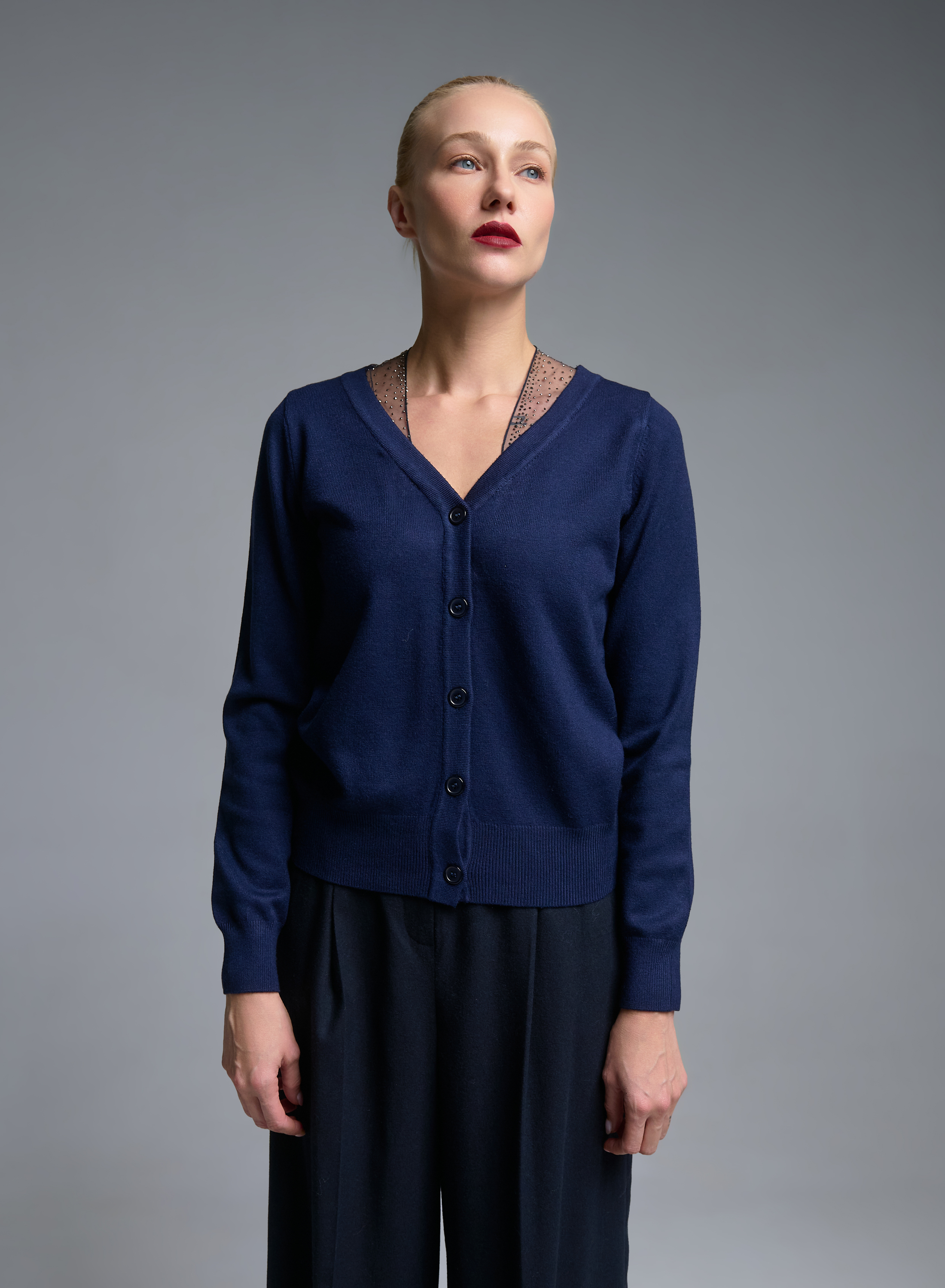 Blue knitted Cardigan with tulle and rhinestone details Beauty Women - 4