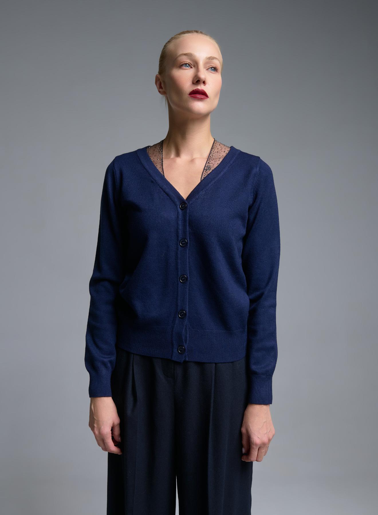 Blue knitted Cardigan with tulle and rhinestone details Beauty Women - 5