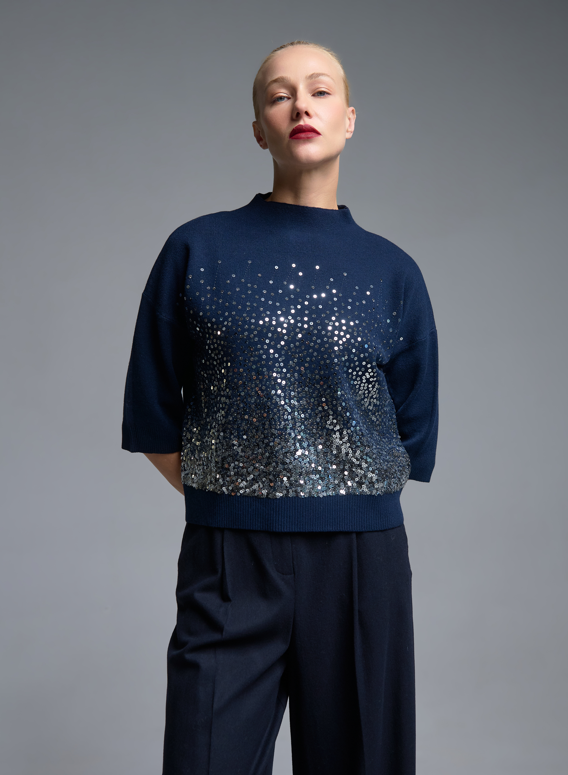 Blue knitted Blouse with three quarters sleeves and with sequins Valentina Milano - 0