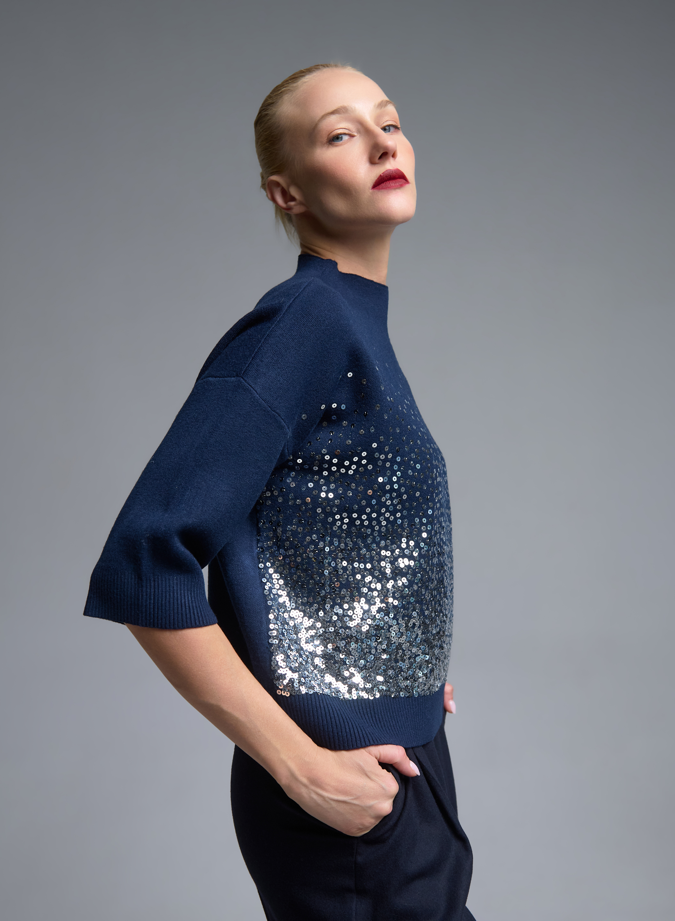 Blue knitted Blouse with three quarters sleeves and with sequins Valentina Milano - 2