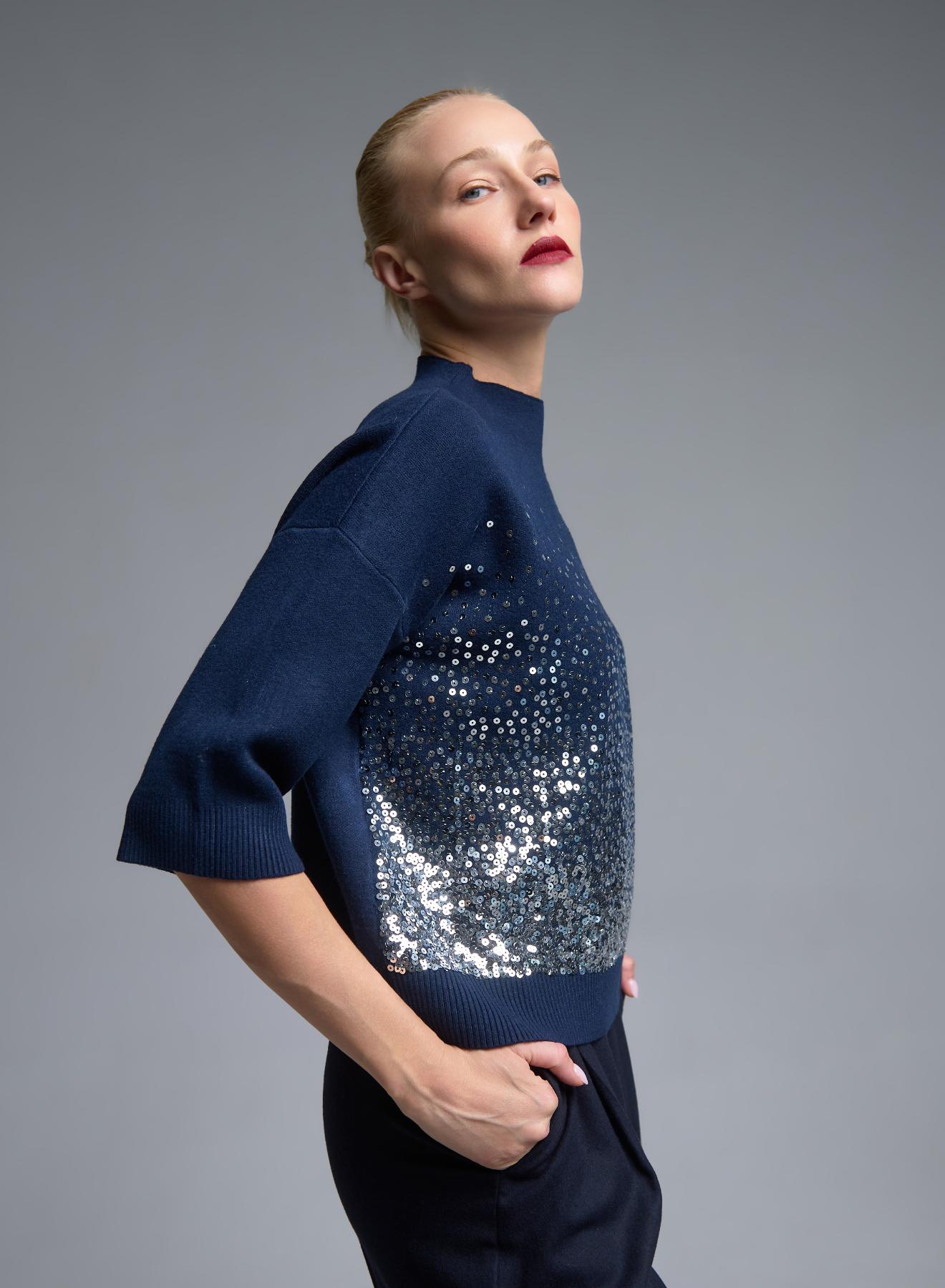 Blue knitted Blouse with three quarters sleeves and with sequins Valentina Milano - 3