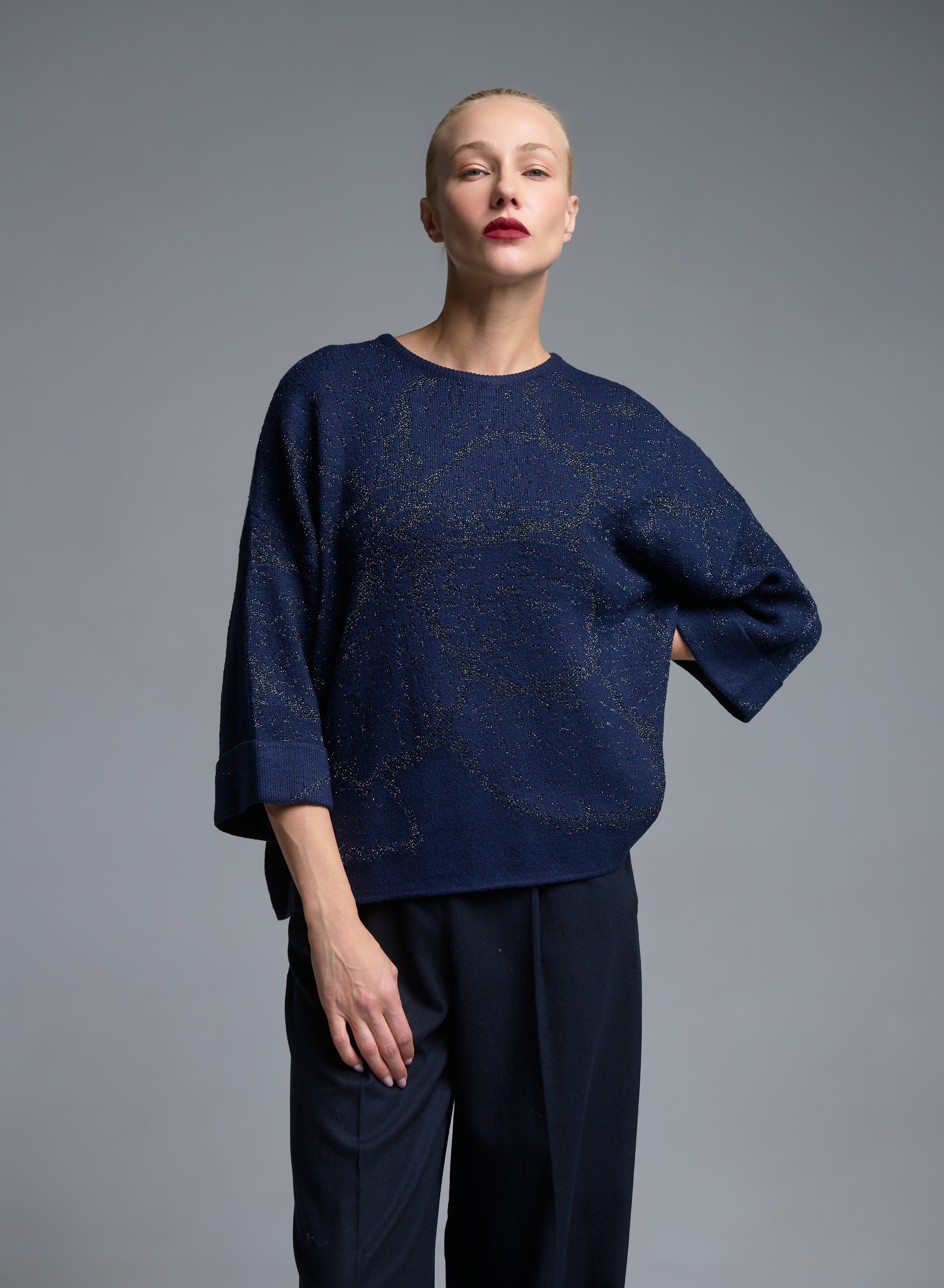 Blue knitted lurex Blouse with three quarters sleeves Beauty Women - 1