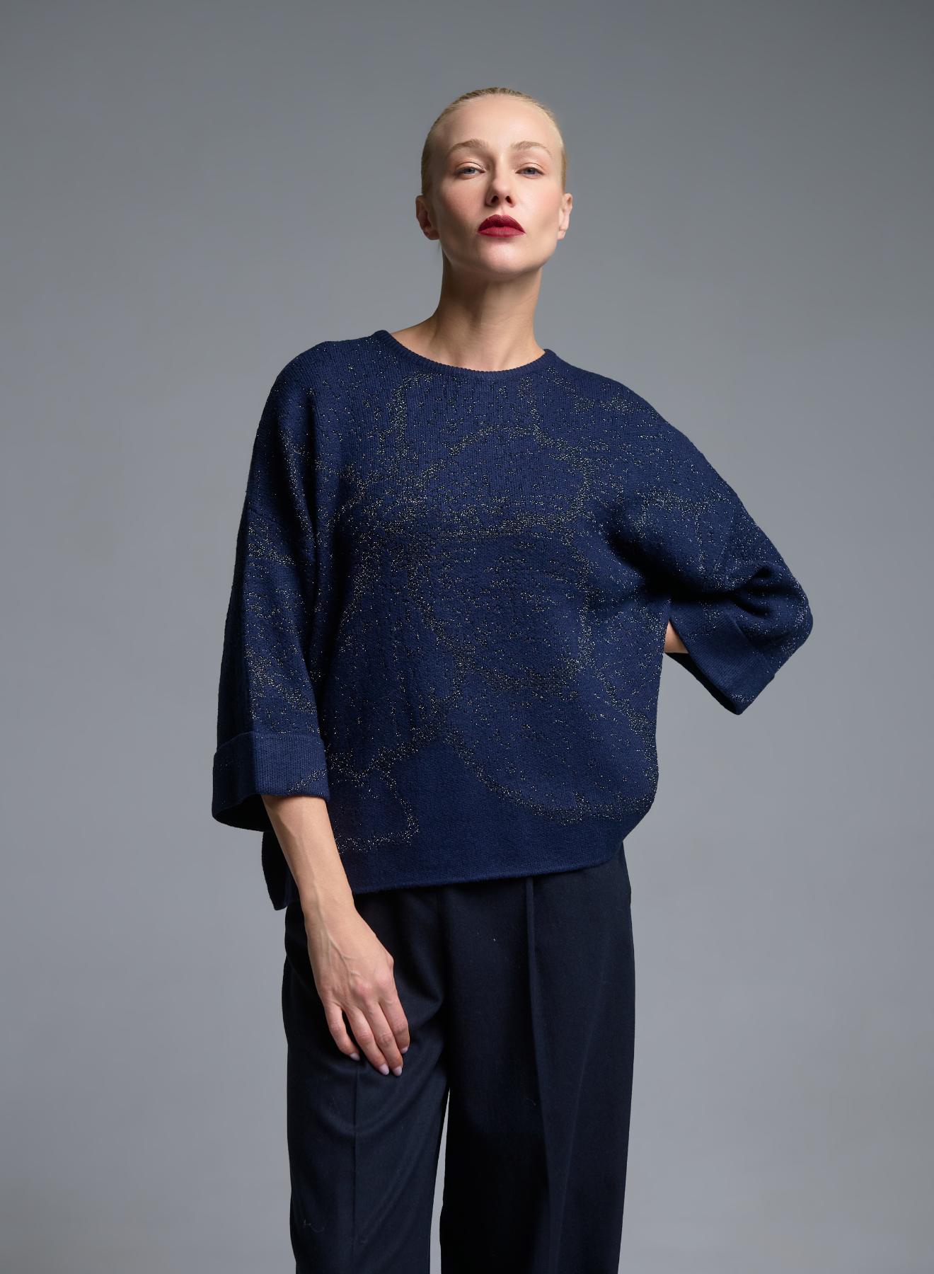 Blue knitted lurex Blouse with three quarters sleeves Beauty Women - 2