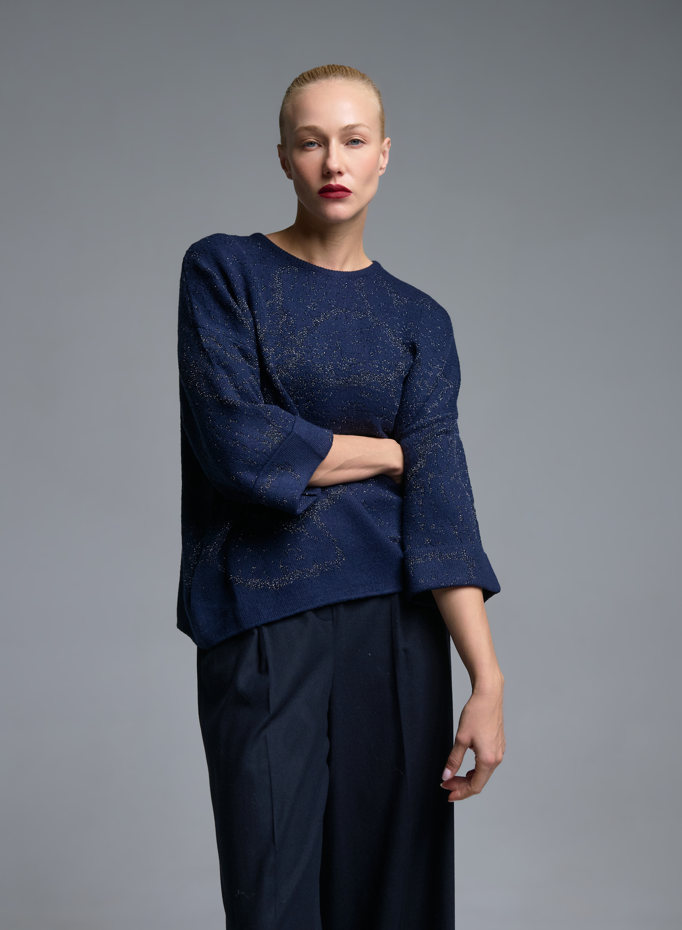 Blue knitted lurex Blouse with three quarters sleeves Beauty Women - 0