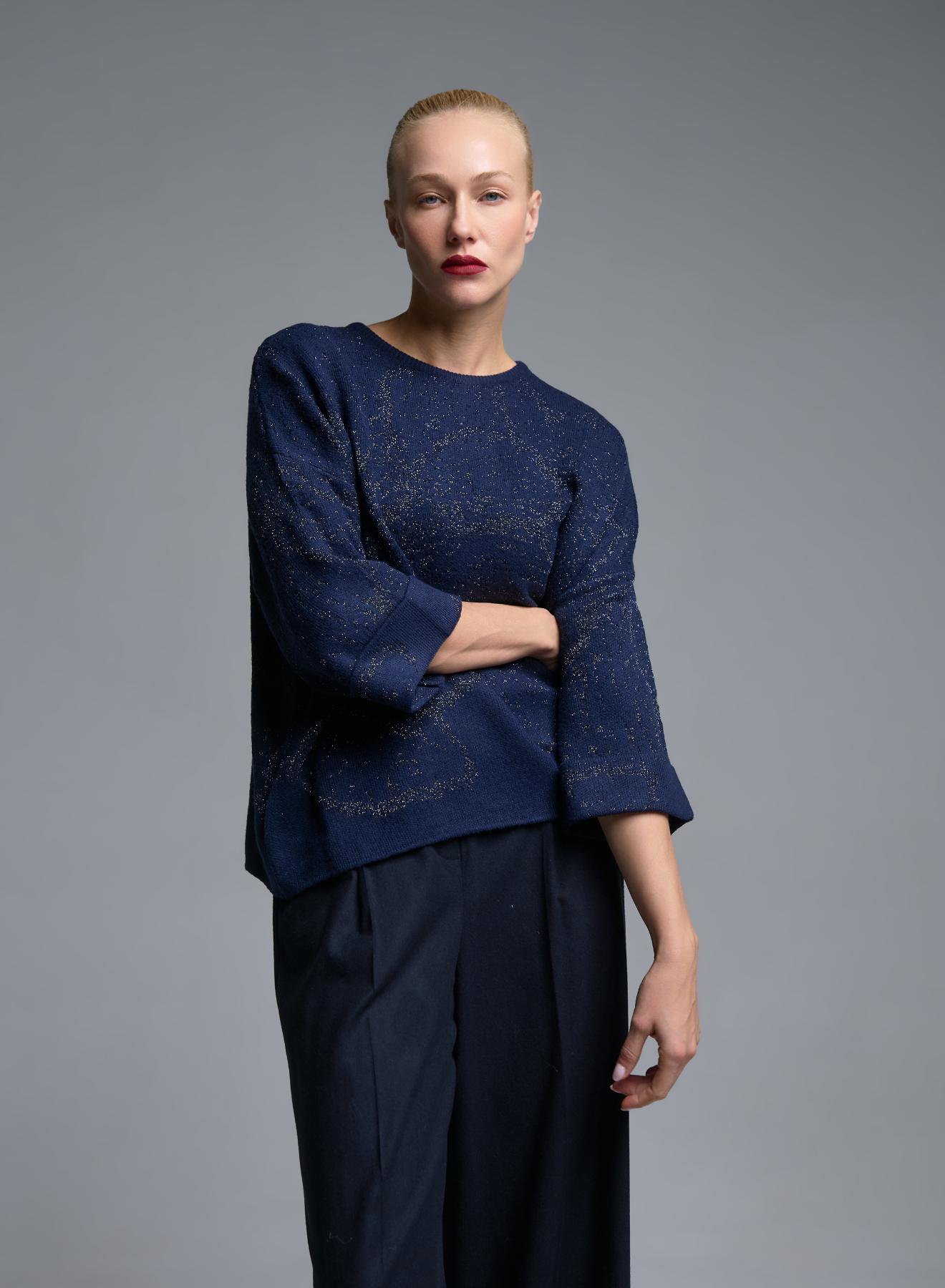 Blue knitted lurex Blouse with three quarters sleeves Beauty Women - 1
